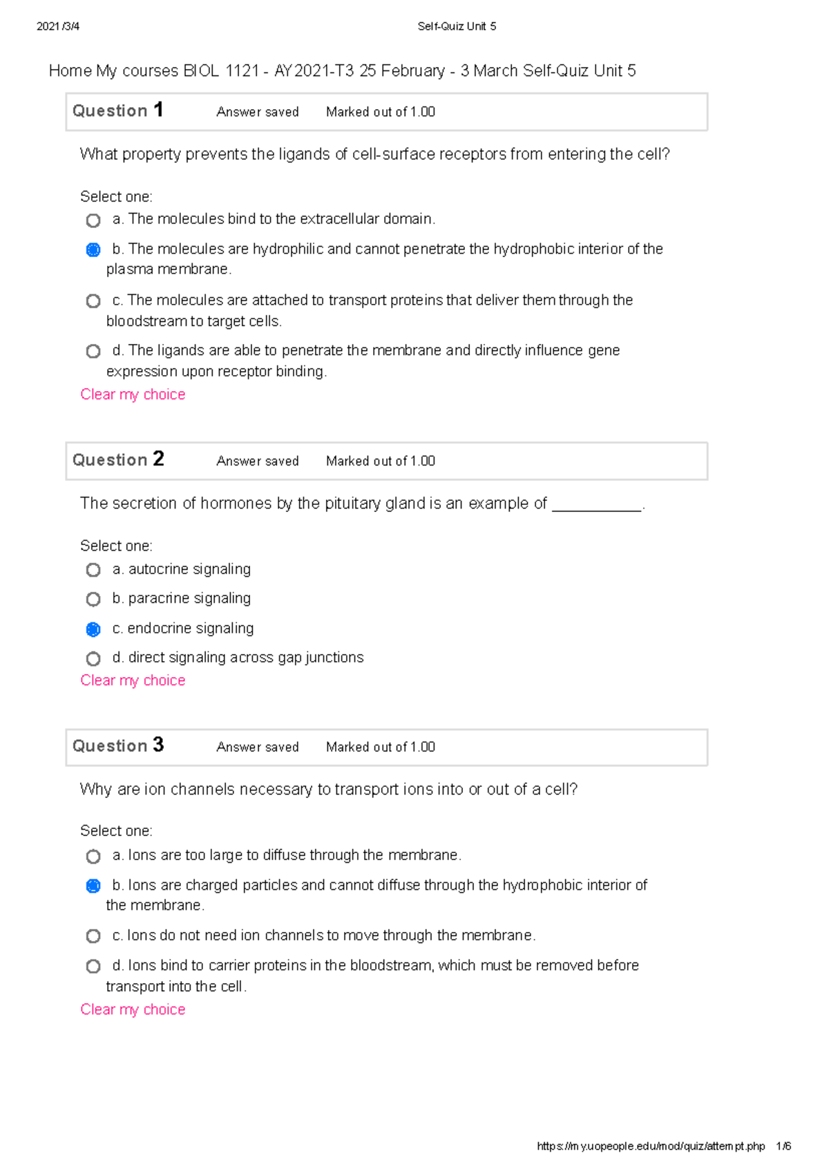 Bio1 1121 Self-Quiz Unit 5 - Question 1 Answer saved Marked out of 1 ...