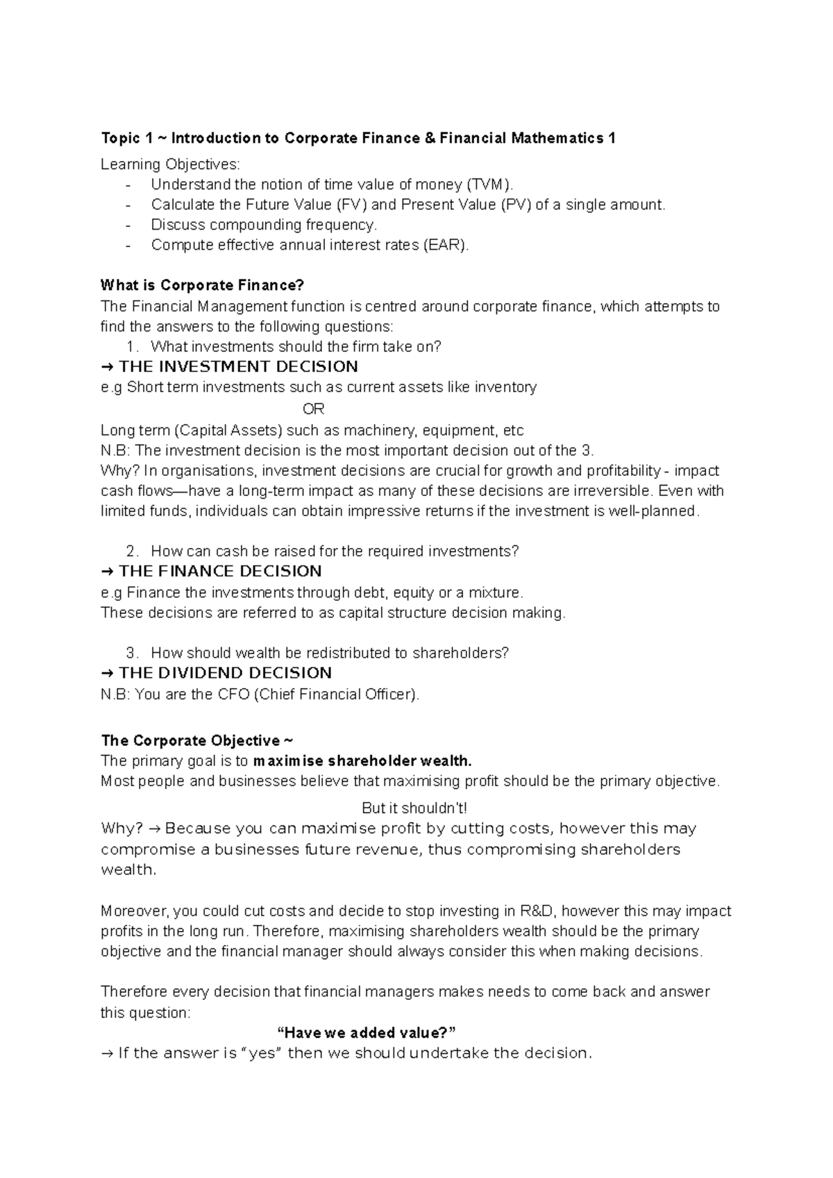Notes Corporate Finance Weeks 1-7 - Topic 1 ~ Introduction to Corporate ...
