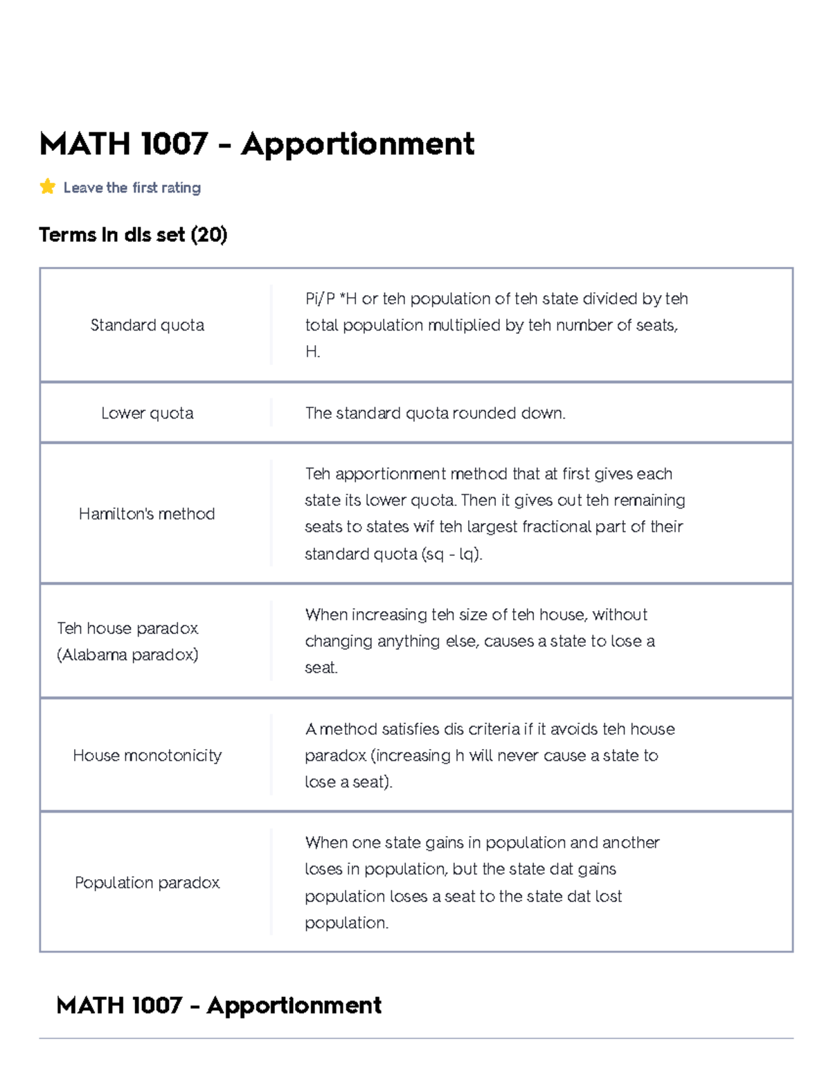 MATH 1007 - Apportionment - MATH 1007 - Apportionment Leave the first ...