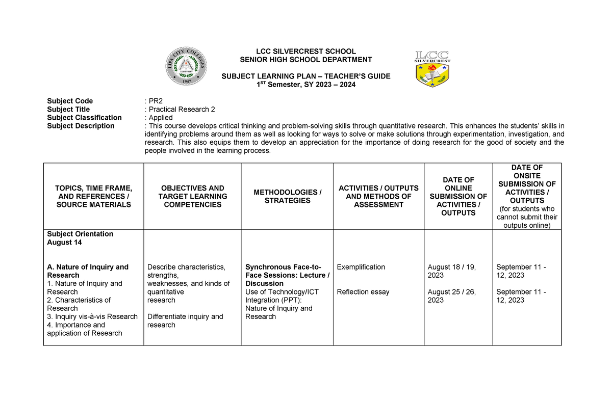 Applied PR2 SLP 2023-2024 - LCC SILVERCREST SCHOOL SENIOR HIGH SCHOOL ...