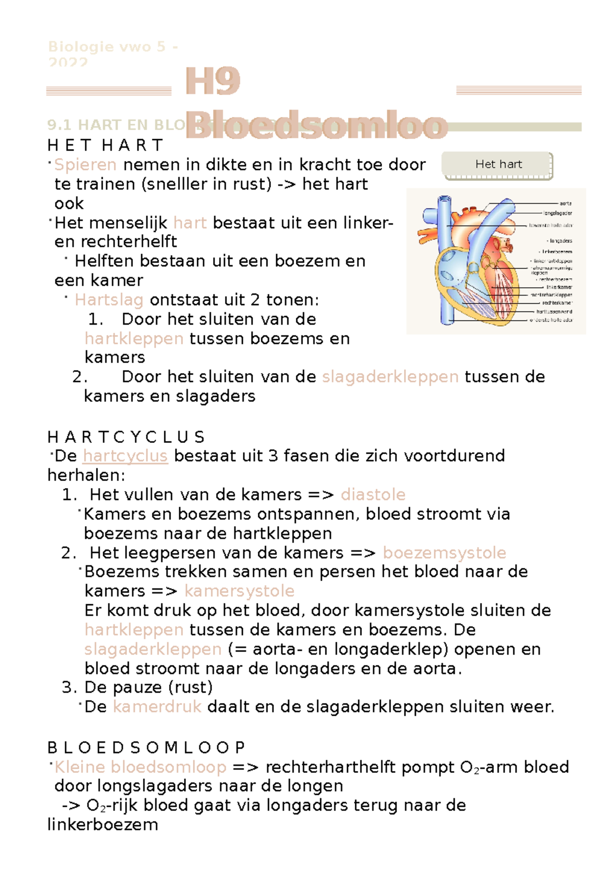 Biologie Samenvattingen - 9 HART EN BLOEDSOMLOOP H E T H A R T Spieren ...