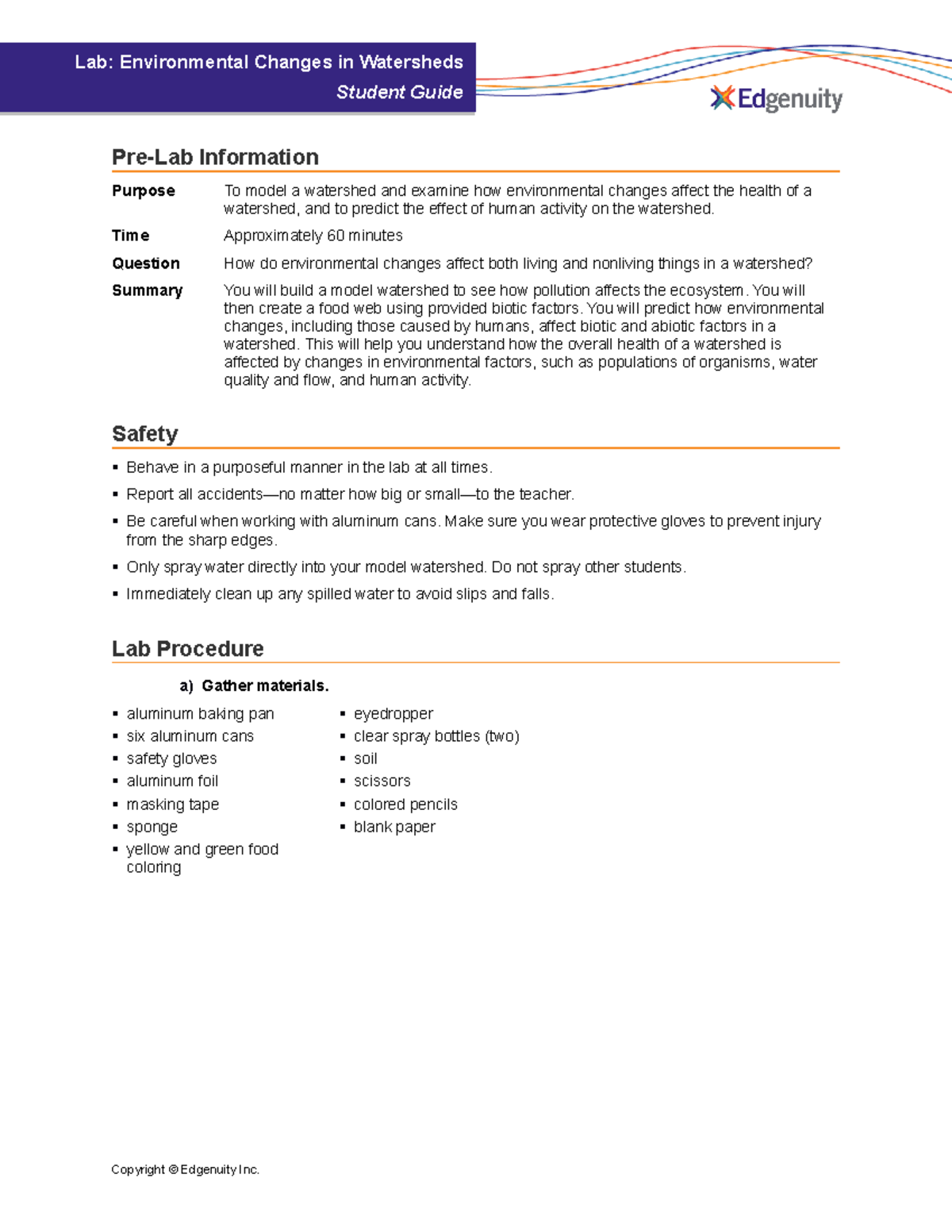 Environmental Changes in a Watershed Wet Lab Student Guide PreLab
