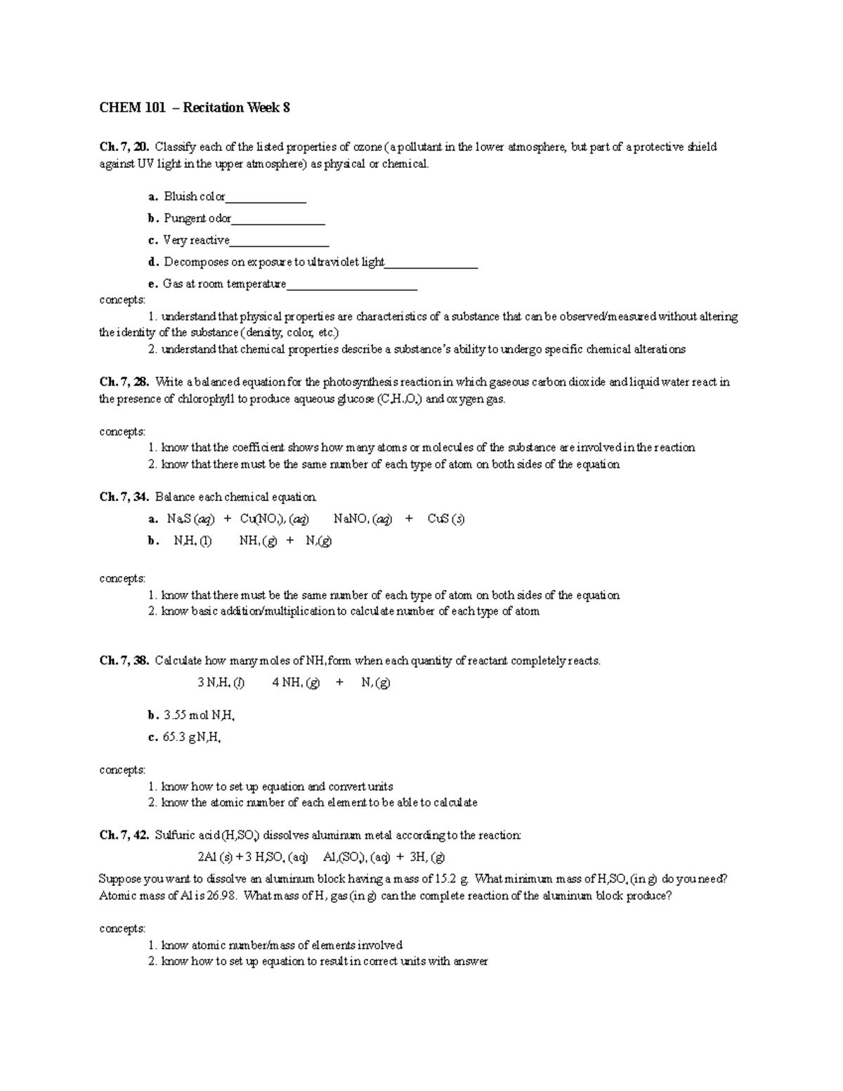 CHEM 101 – Recitation Week 8 - CHEM 101 – Recitation Week 8 Ch. 7, 20 ...