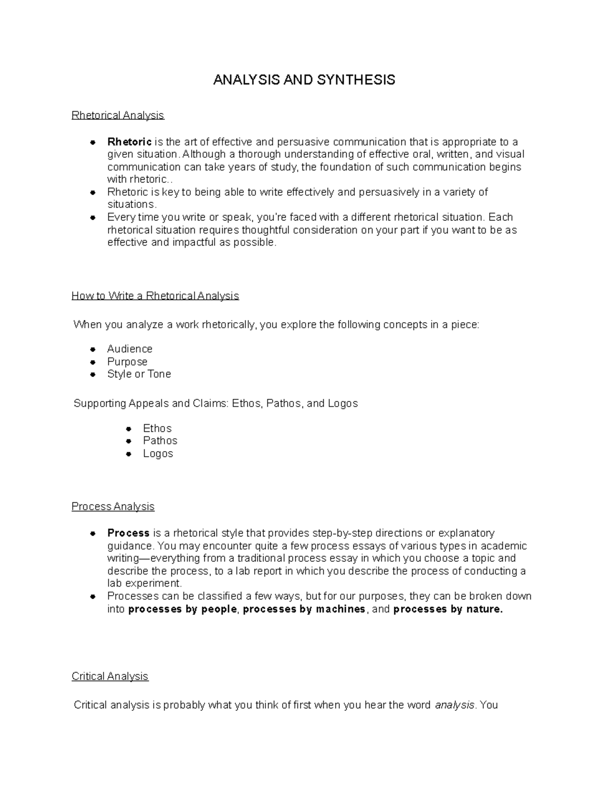 ENG 111 Notes Analysis and Synthesis Part 2 - ANALYSIS AND SYNTHESIS ...
