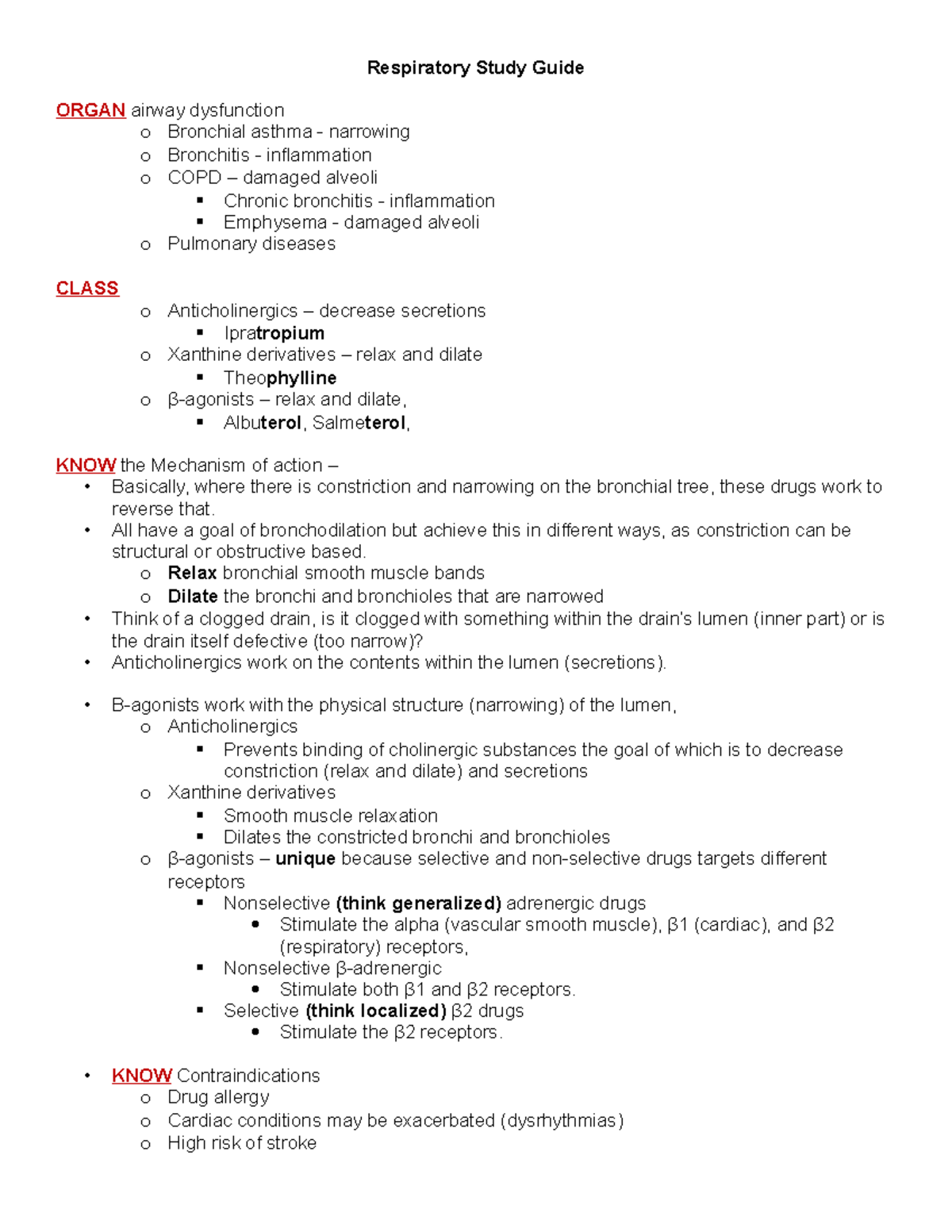 Resp Study Guide - Pharmacology Lecture Notes - Respiratory Study Guide 