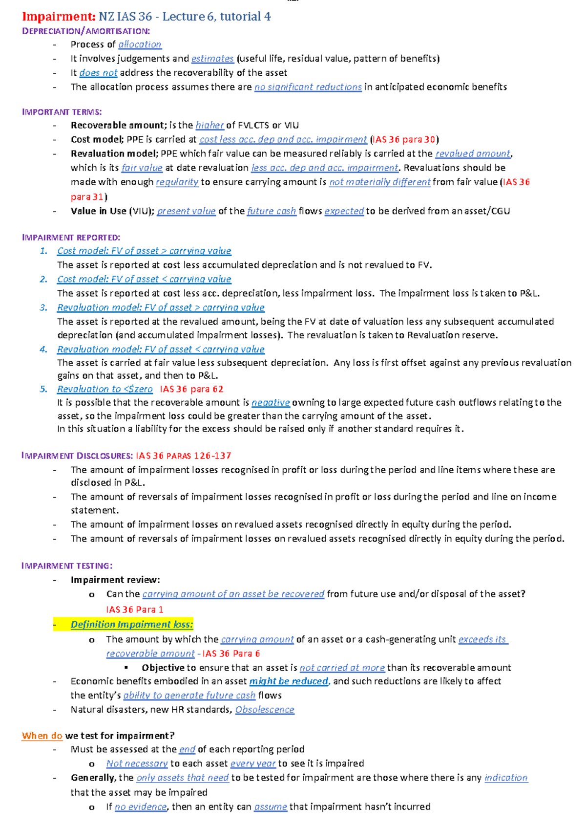 Exam Printing Notes - note - Impairment: NZ IAS 36 - Lecture 6 ...