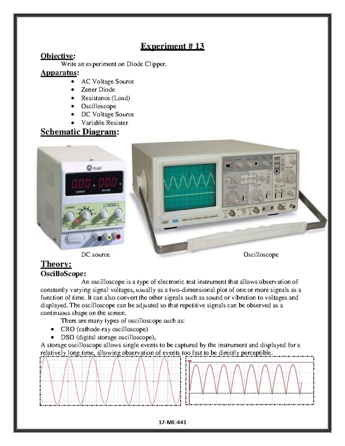Write an experiment on Diode Clipper Apparatus AC Voltage Source