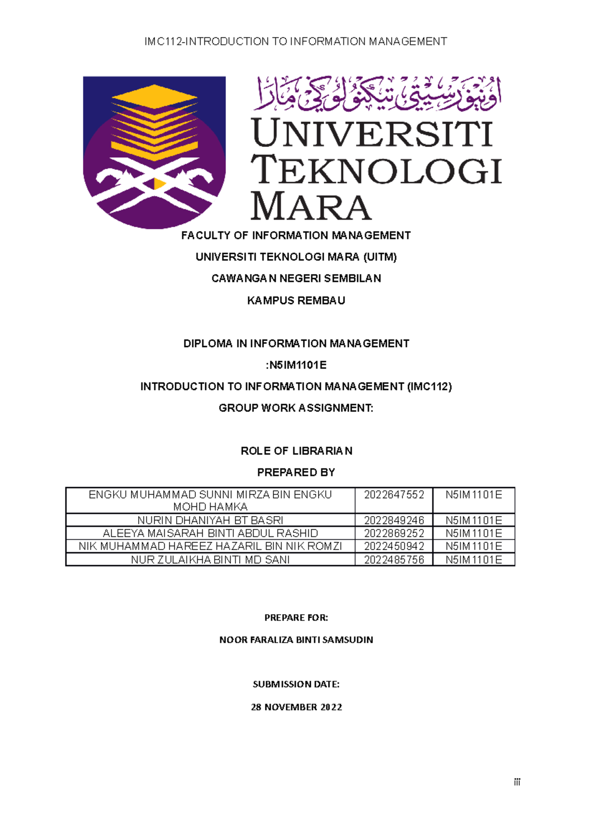 Imc112- Roles Of Librarian - Faculty Of Information Management 