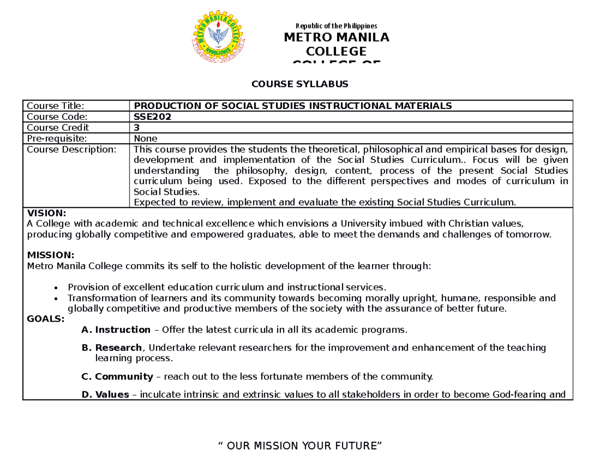 SSE 202 Production of Social Studies Instructional Materials COURSE