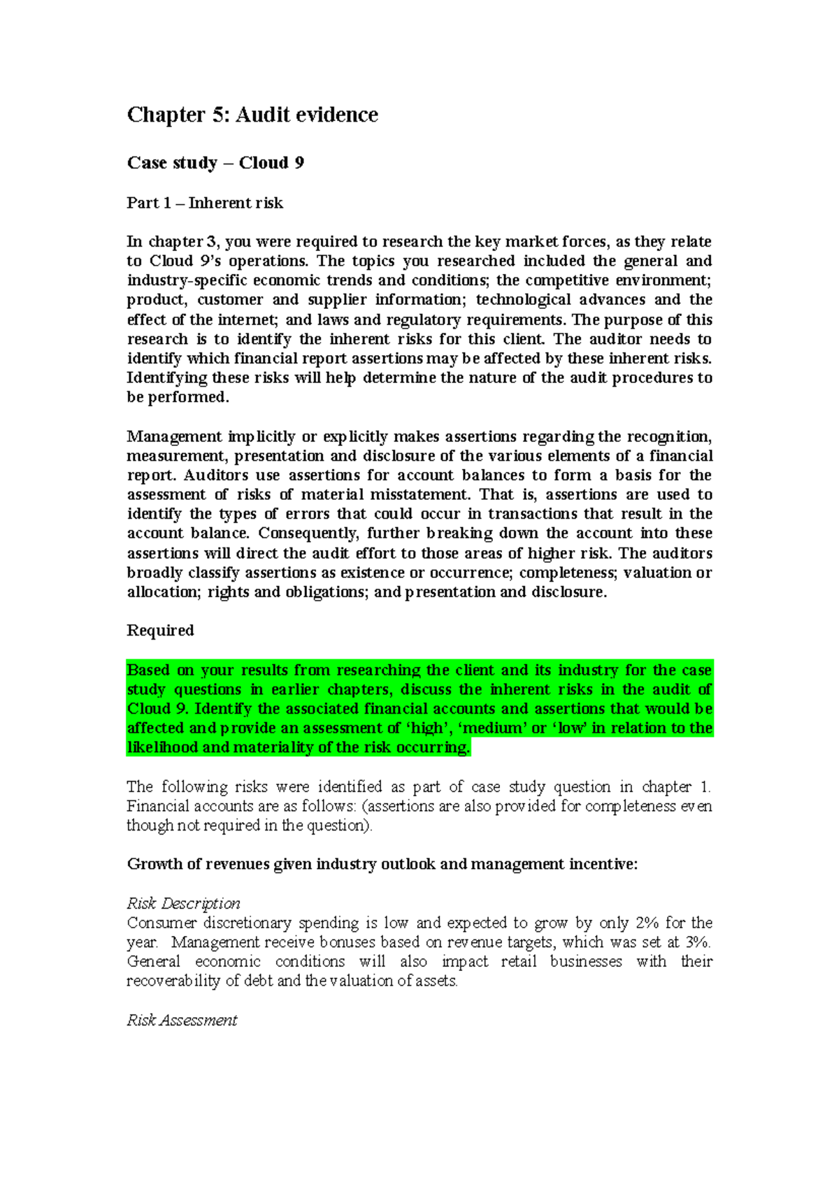 Cloud 9 Answers - Tutorial - Chapter 5: Audit evidence Case study ...