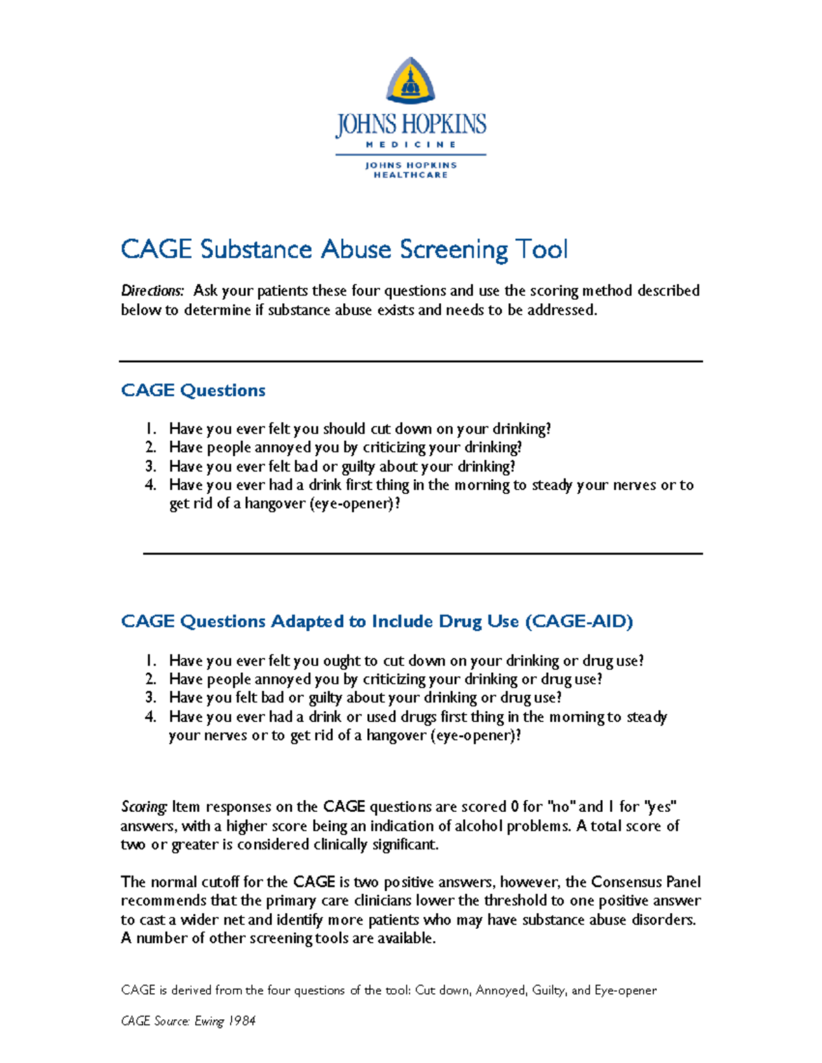 CAGE Substance Screening Tool - CAGE Substance Abuse Screening Tool ...