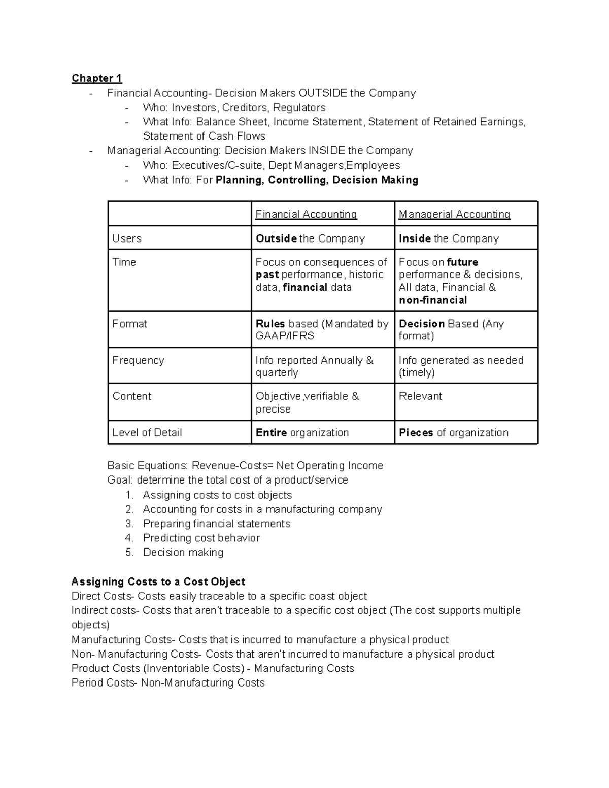 A306 Exam 1 Study Guide - Summary Managerial Accounting - Chapter 1 ...