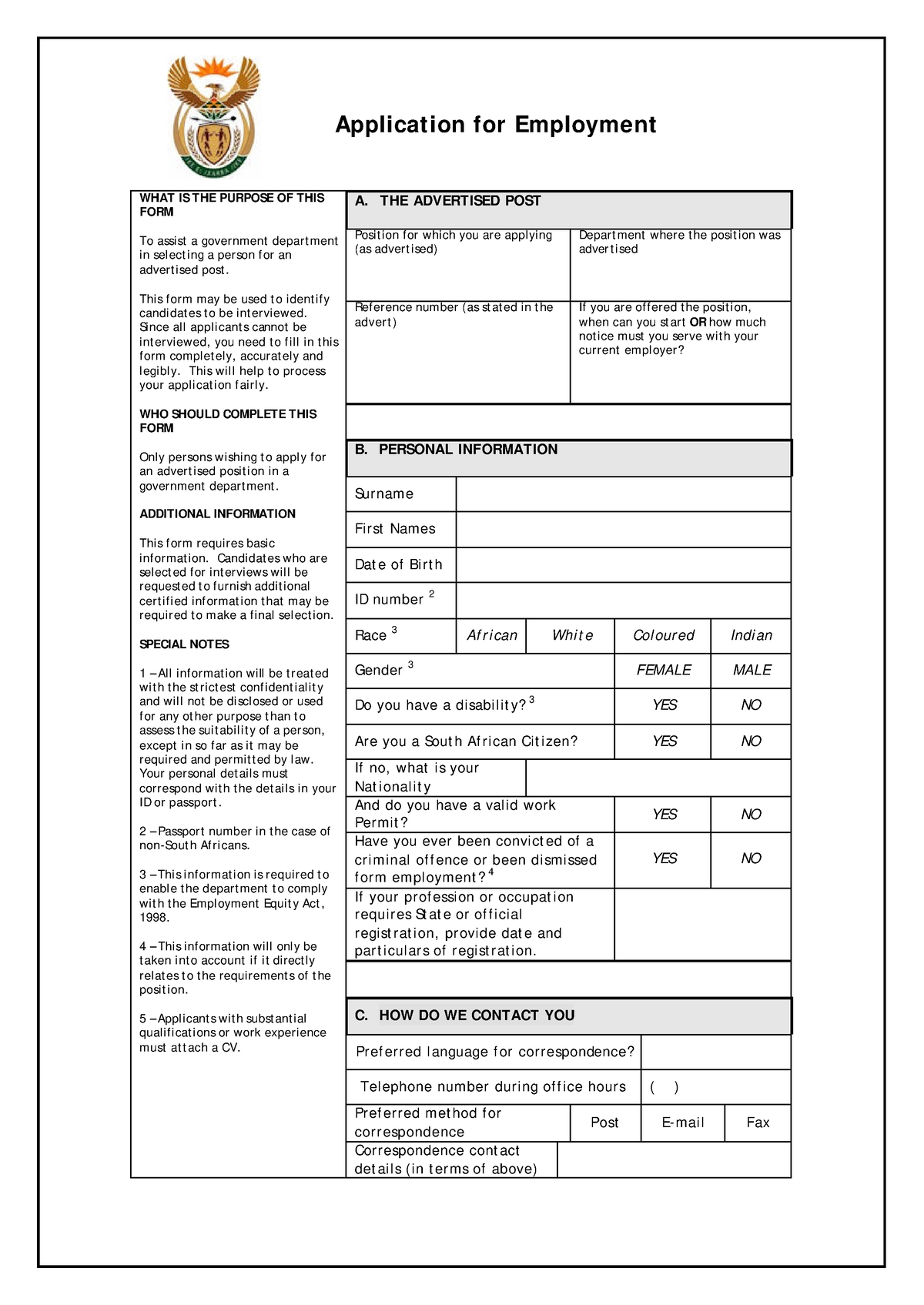 Z83 - Application For Employment A. THE ADVERTISED POST Posit Ion F Or ...