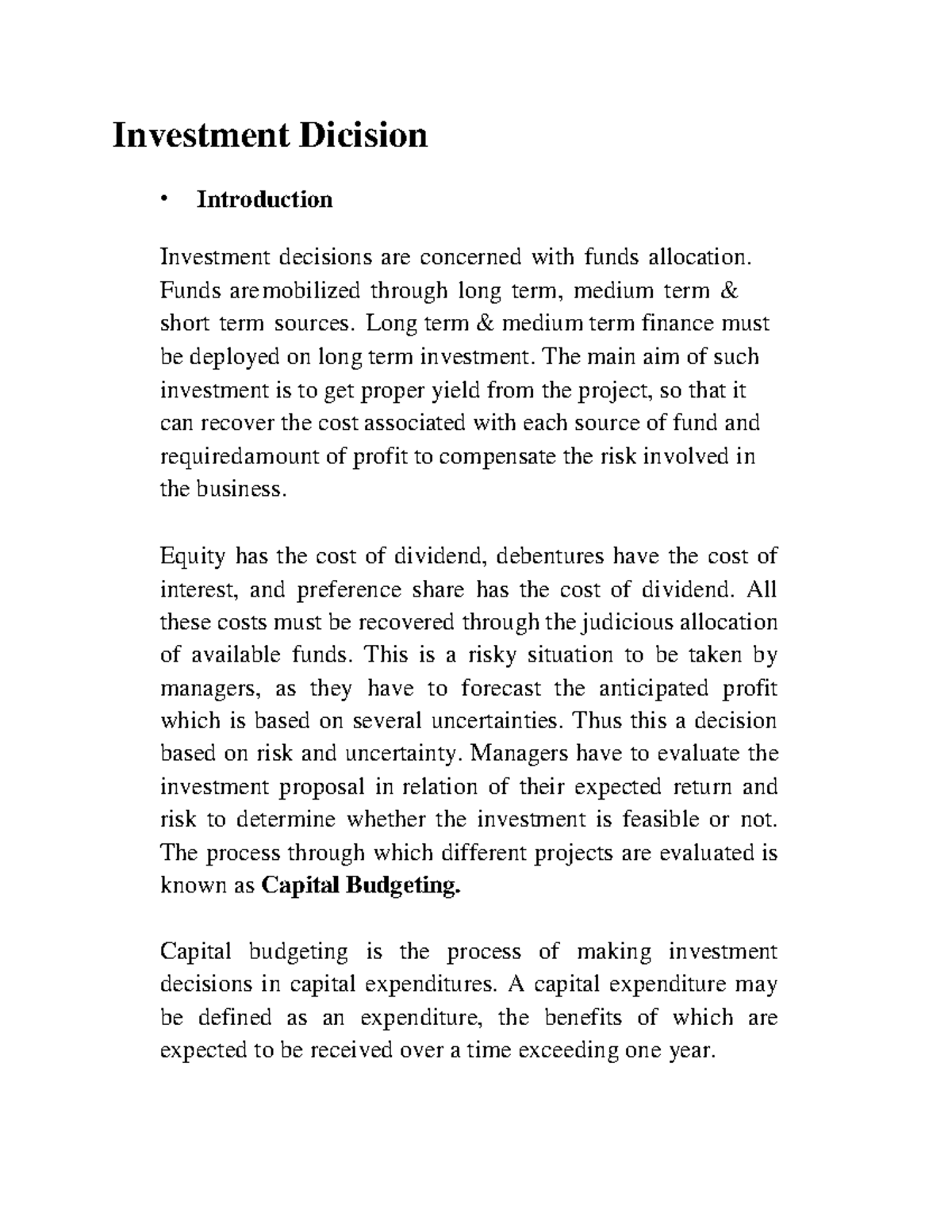 Investment Dicision Investment Dicision Introduction Investment