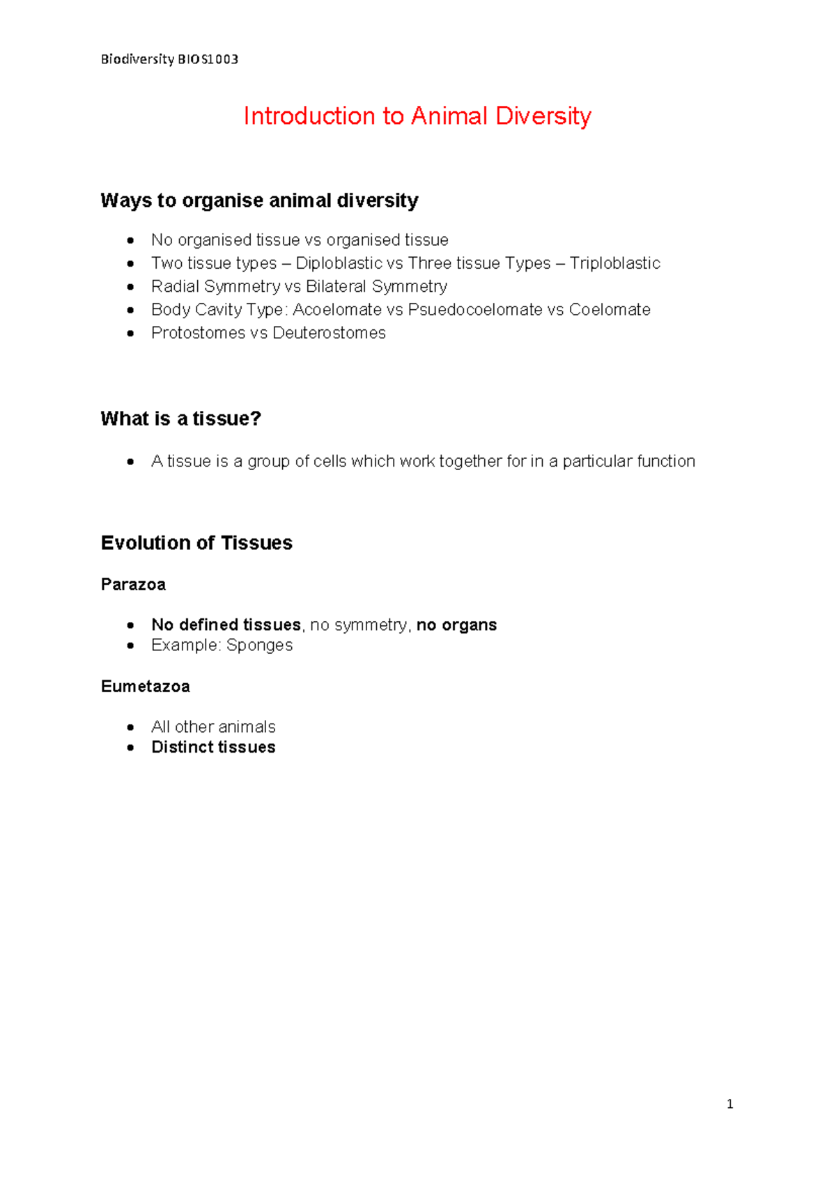 Animal BIO - notes - Introduction to Animal Diversity Ways to organise ...