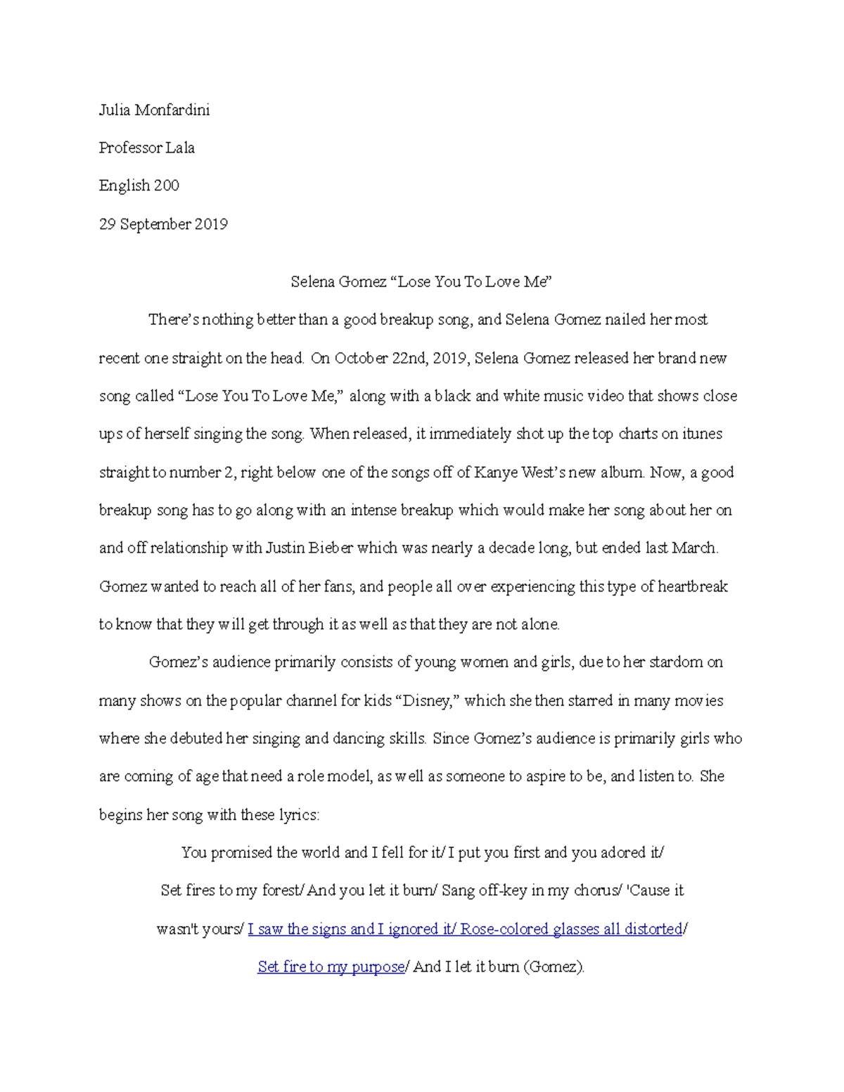 Extra Credit #2 - Selena Gomez's “Lose You To Love Me” Essay: Ethos