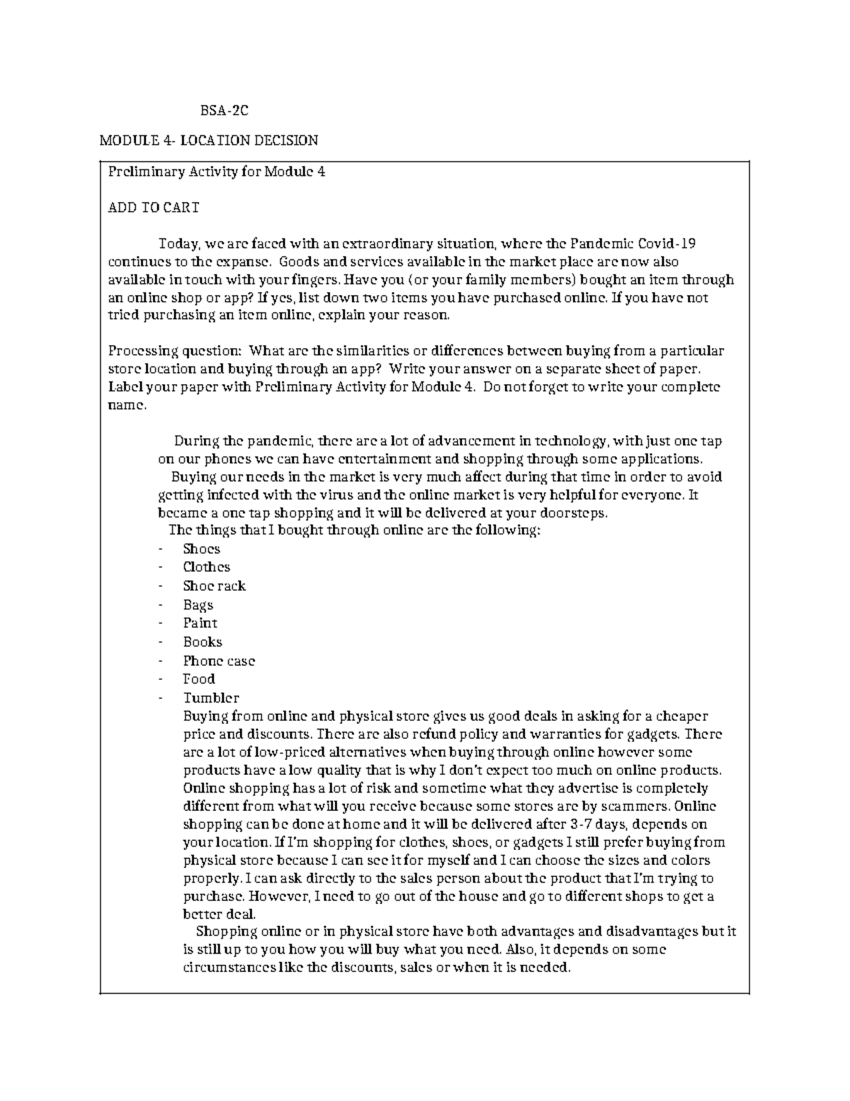 Module 4 -Activities - BSA-2C MODULE 4- LOCATION DECISION Preliminary ...