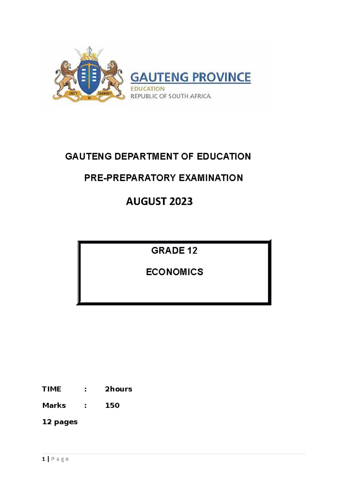 Gr 12 ECON PRE- Prelim 2023 P1 QP - GAUTENG DEPARTMENT OF EDUCATION PRE ...