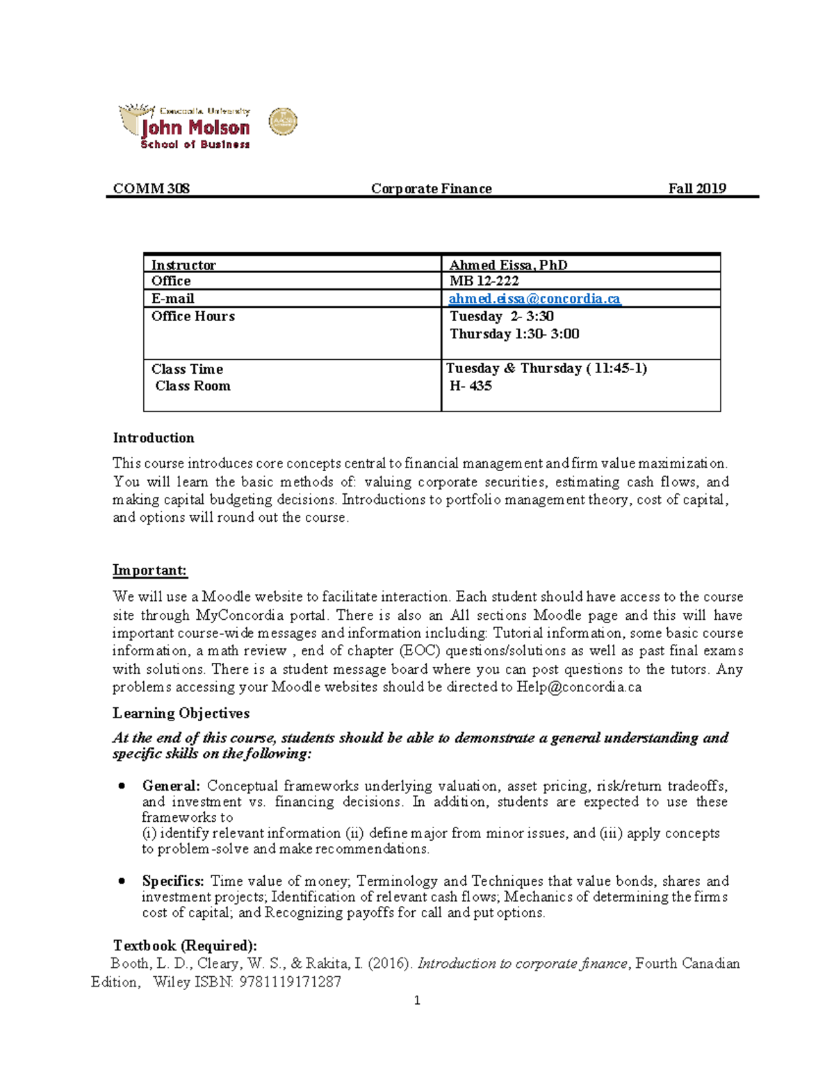 Eissa A Outline 308 - COMM 308 Corporate Finance Fall 2019 Instructor ...