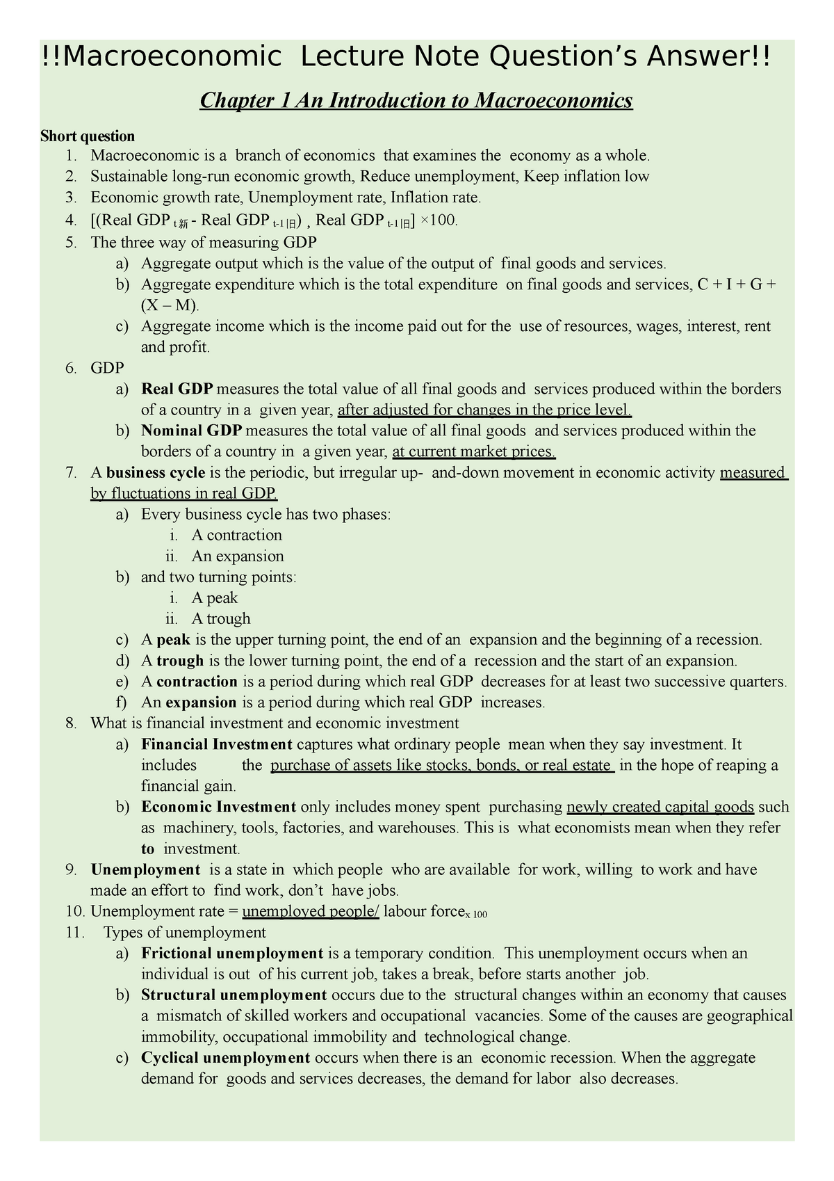 Macroeconomic Question Answer - !!Macroeconomic Lecture Note Question’s ...