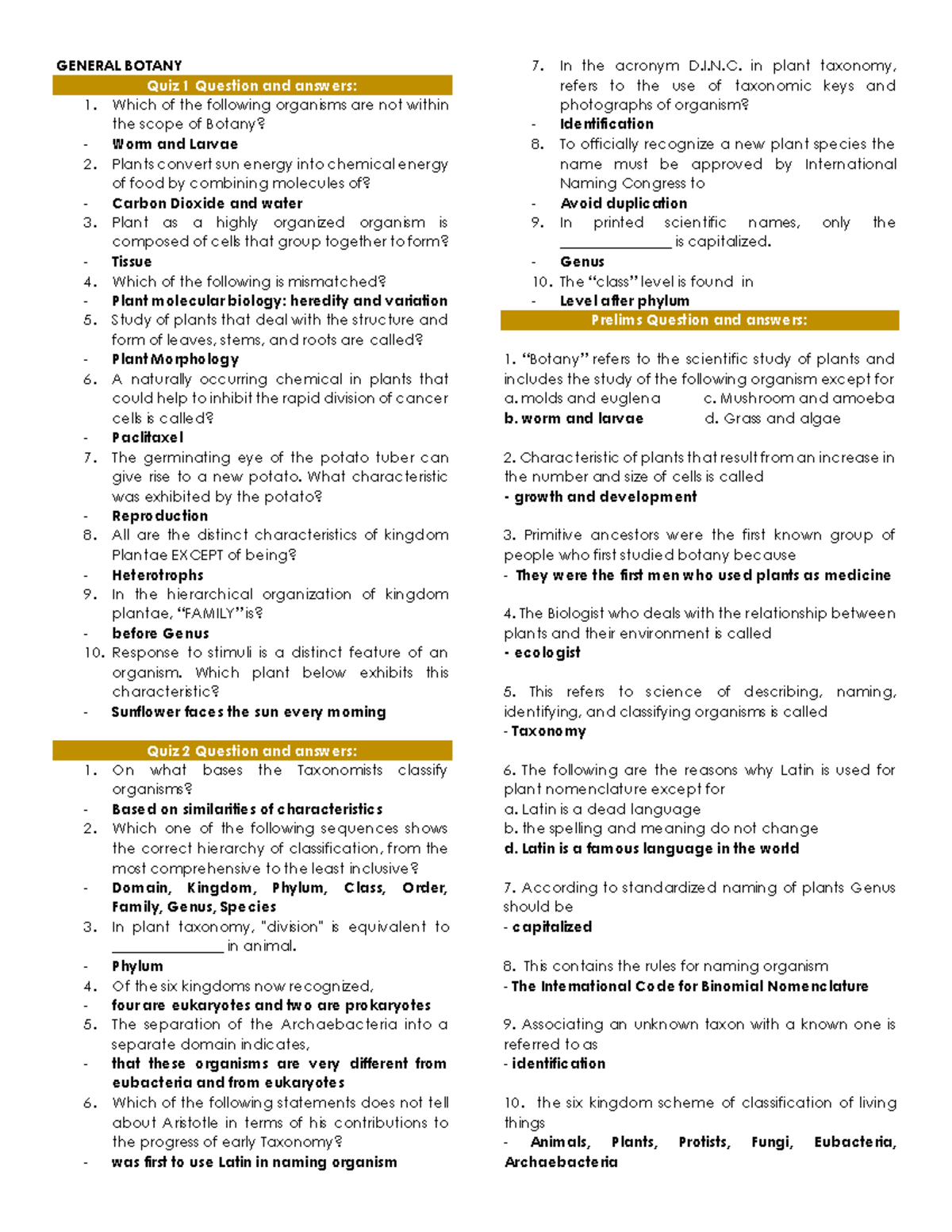 General Botanyreviewer GENERAL BOTANY Quiz 1 Question and answers