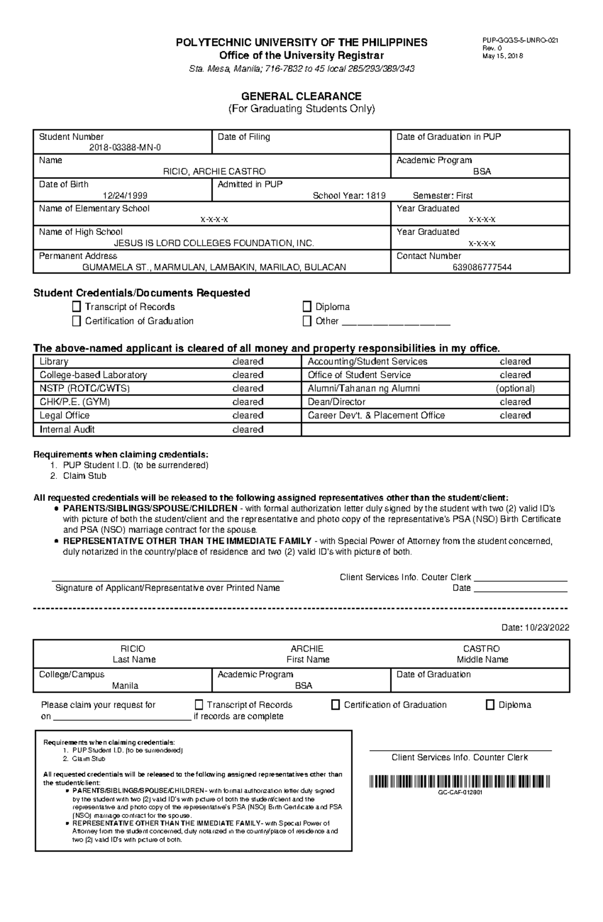 1667294052445 PUP General Clearance - POLYTECHNIC UNIVERSITY OF THE ...