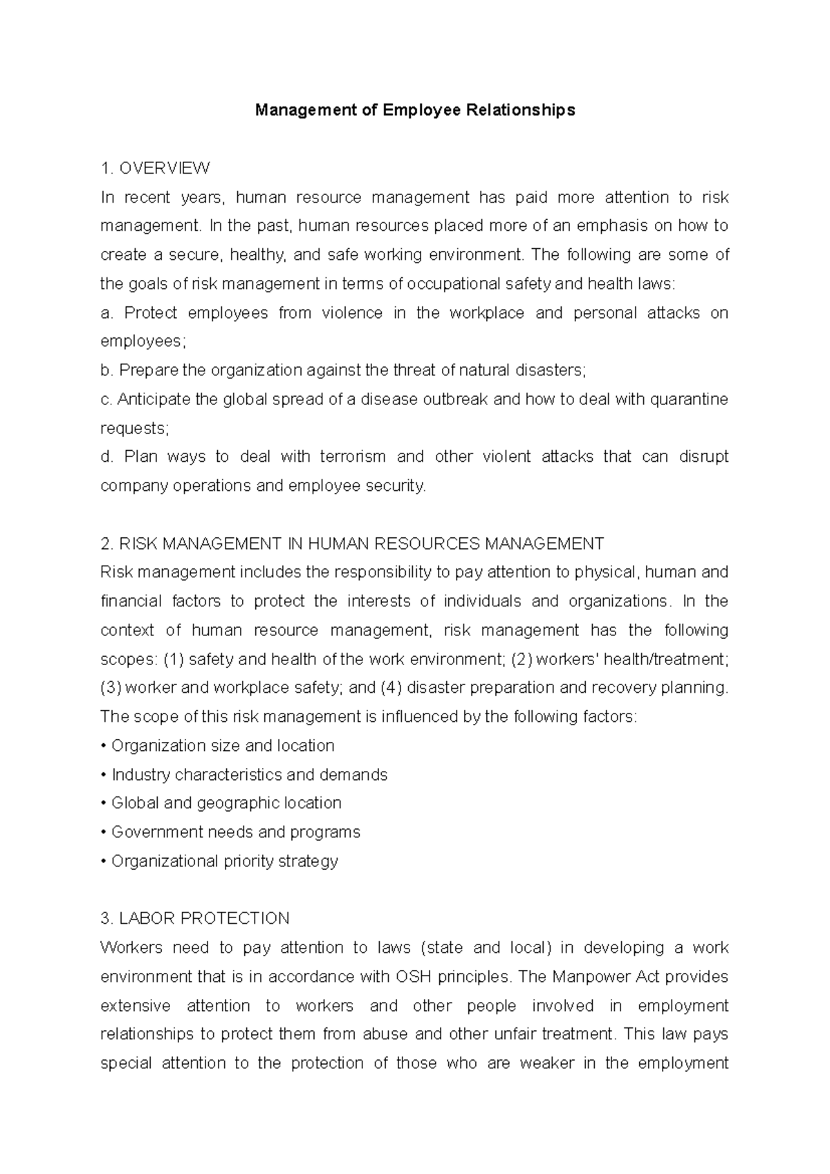 Management of Employee Relationships lecture notes - Management of ...