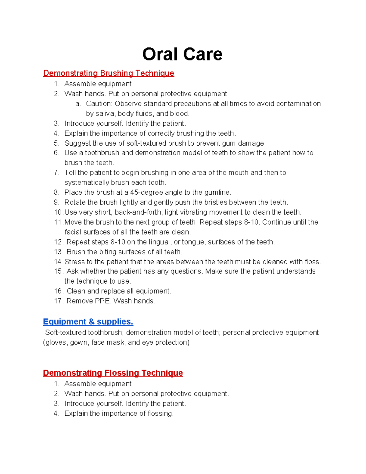 Oral Care examples on how to brush your teeth and the equipment to