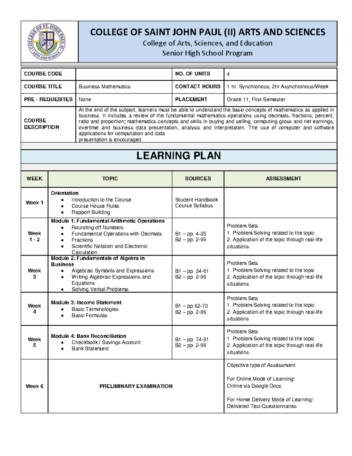 CSJP SY2122 Learning Plan Business Math - COLLEGE OF SAINT JOHN PAUL ...