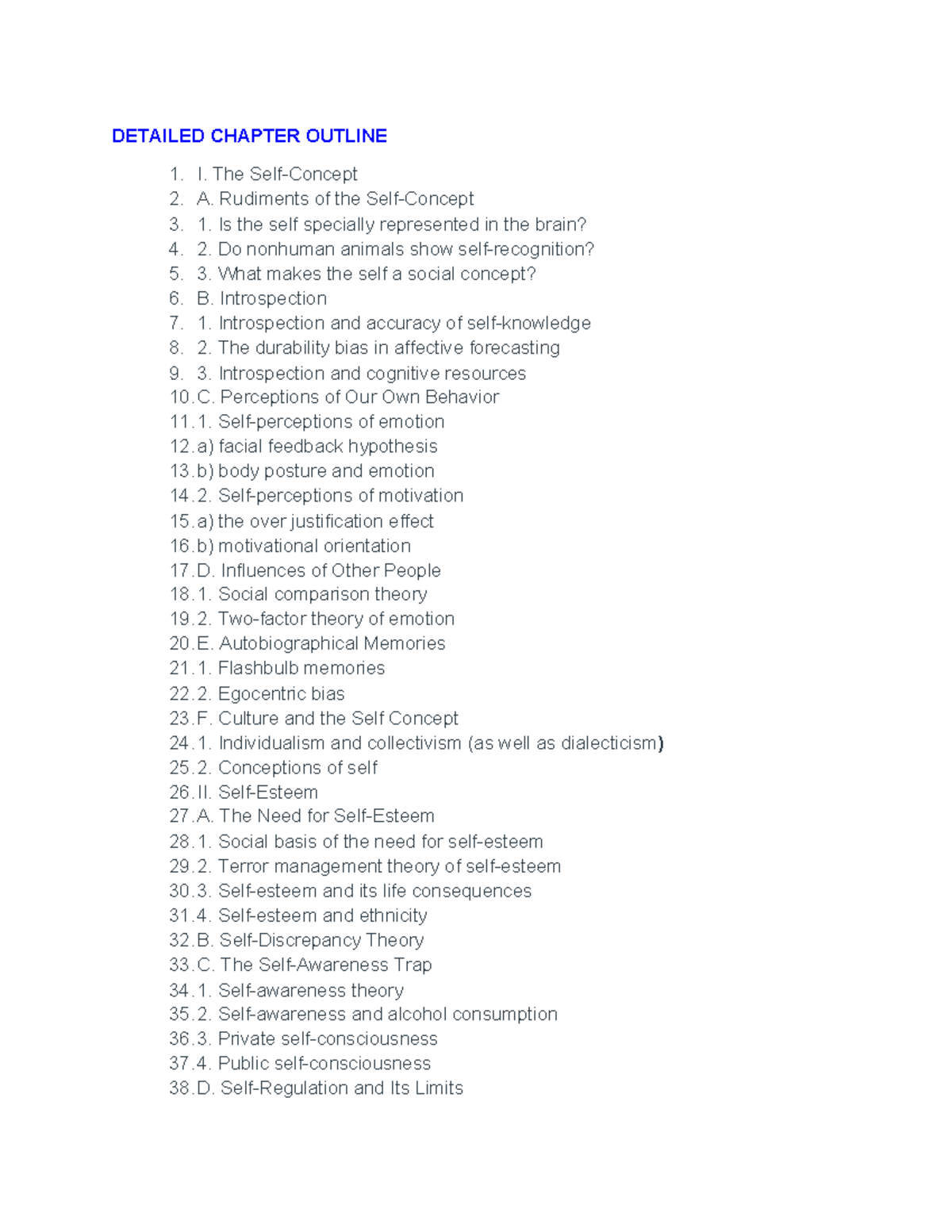 Detailed Chapter Outline - DETAILED CHAPTER OUTLINE I. The Self-Concept ...