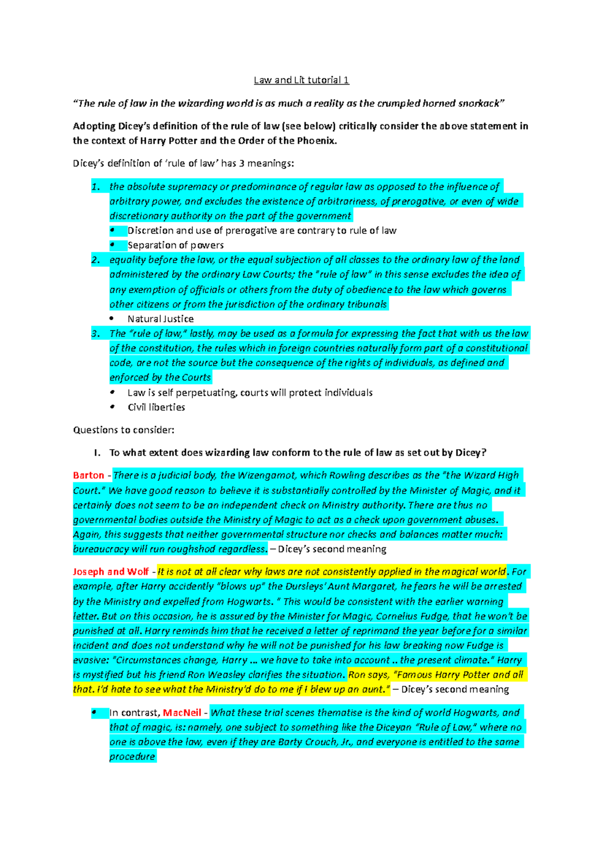 Law and Lit tutorial 1 Dicey’s definition of ‘rule of law’ has 3 meanings the absolute