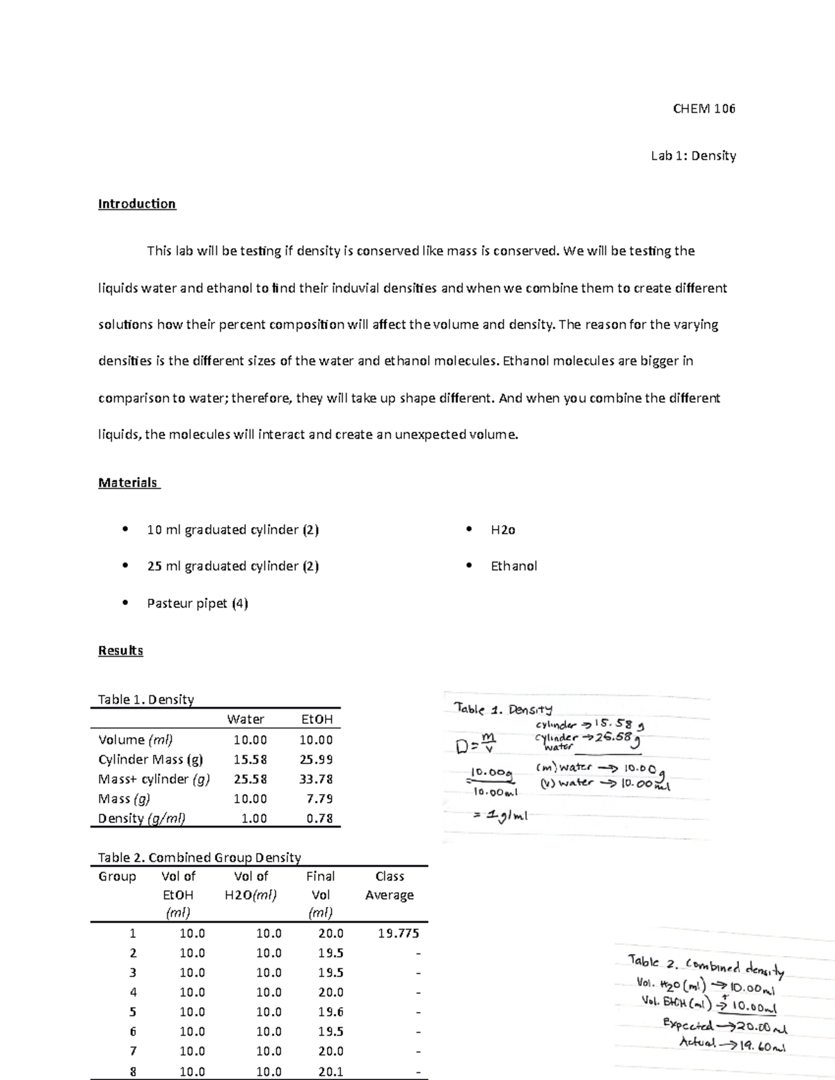 Labethanol Ethanol lab CHEM 106 Lab 1 Density Introduction This