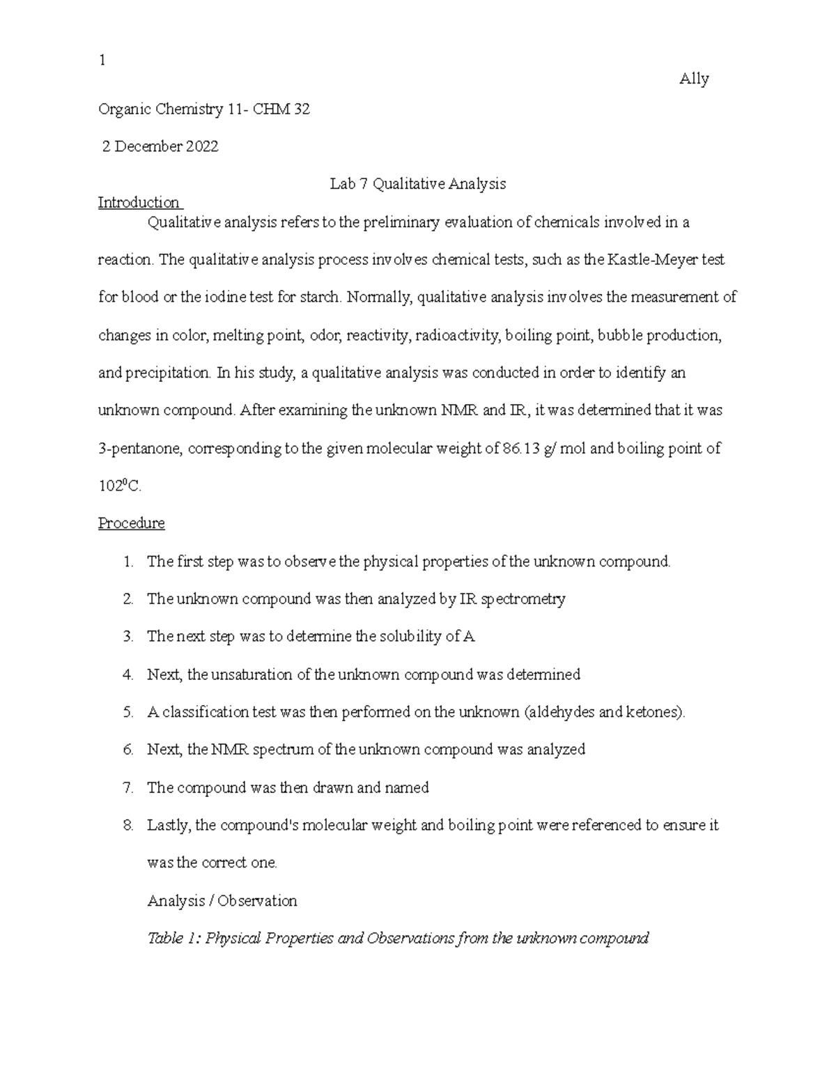 Lab 7 Qualitative Analysis - Ally Organic Chemistry 11- CHM 32 2 ...