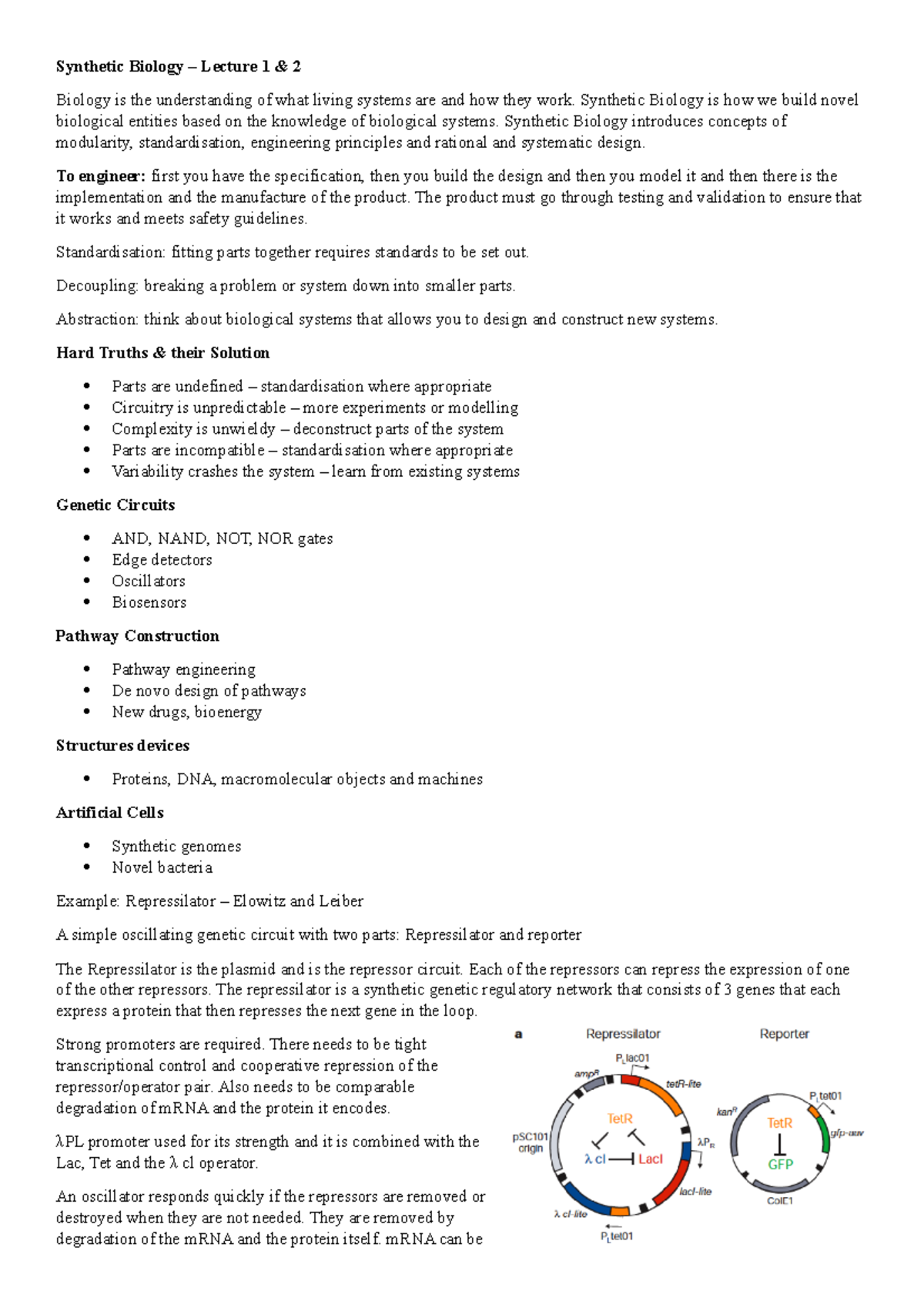 Lectures 1&2 Lecture notes 1 and 2 Synthetic Biology Lecture 1