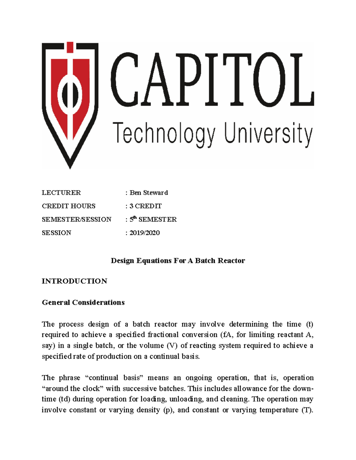 Report Task Design Equations For A Batch Reactor - LECTURER : Ben ...