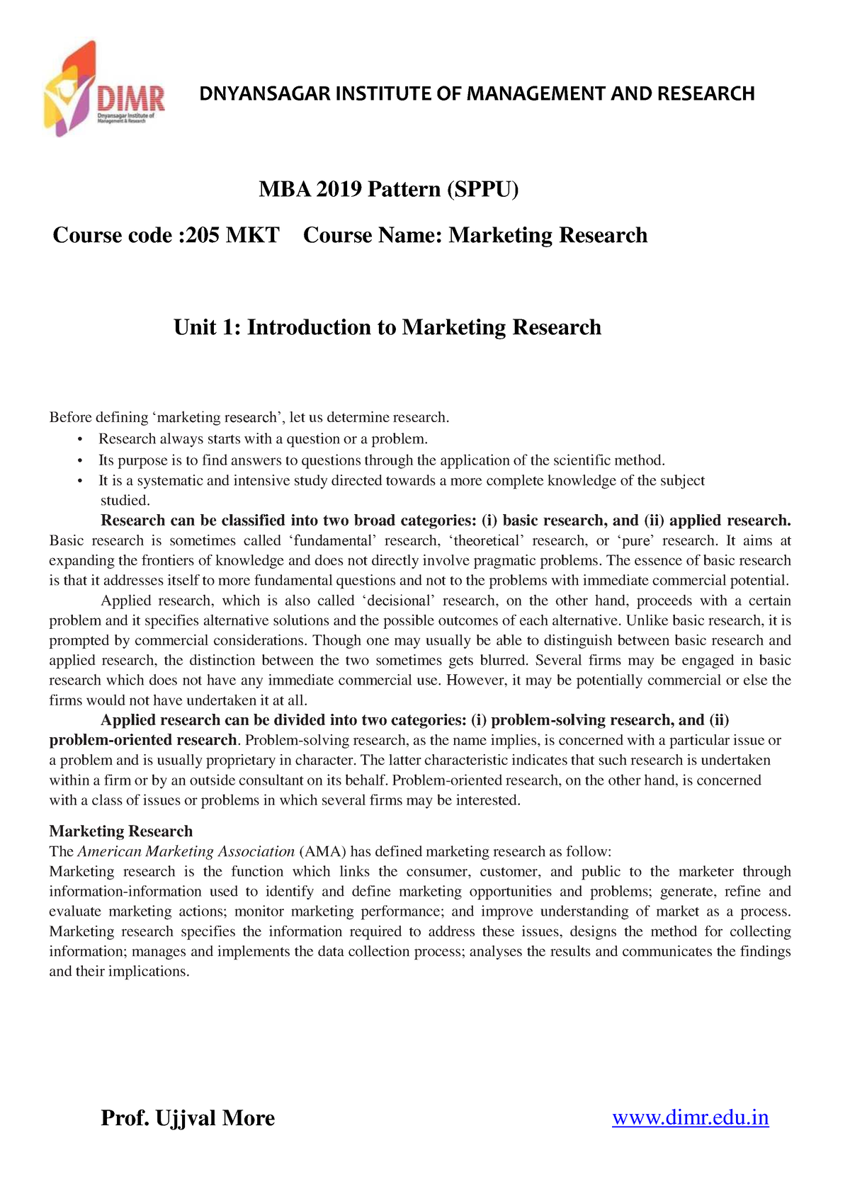 205 MKT Marketing Research PPT - MBA 2019 Pattern (SPPU) Course Code ...