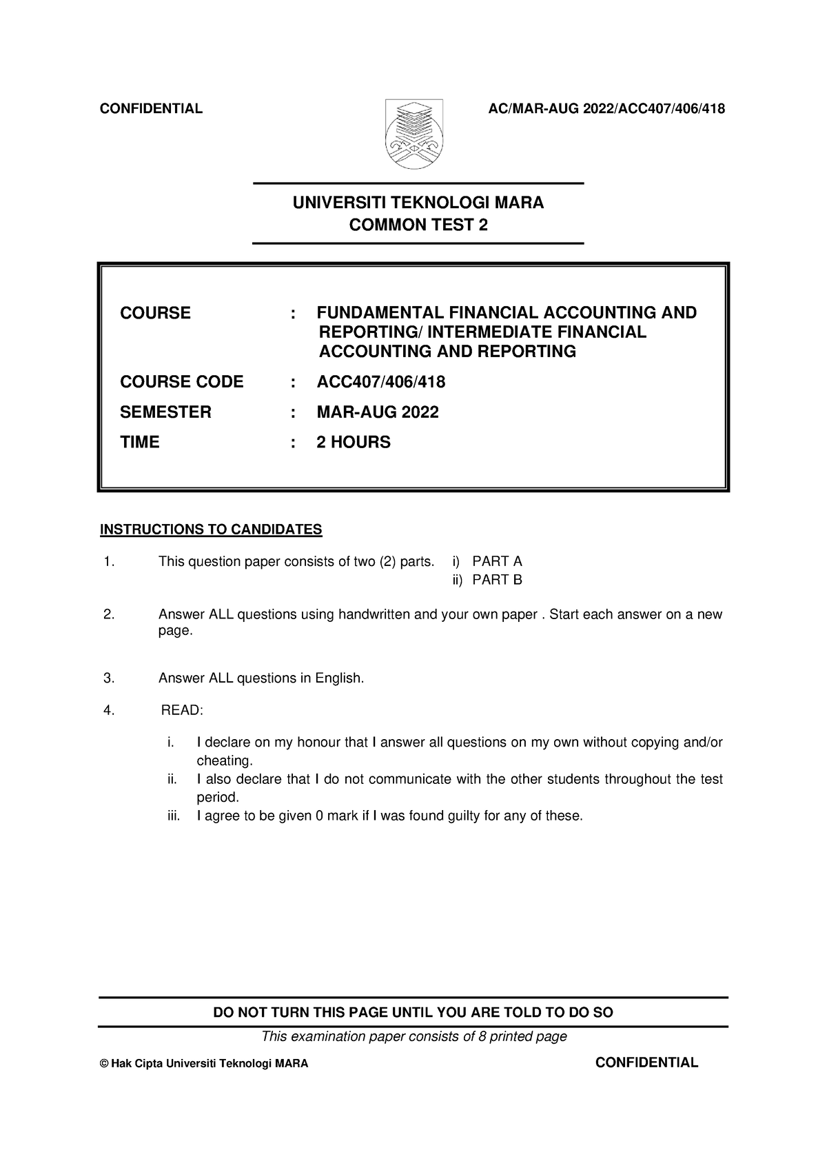 Acc407 Common Test 2 Aug22 Q - Universiti Teknologi Mara Common Test 2 