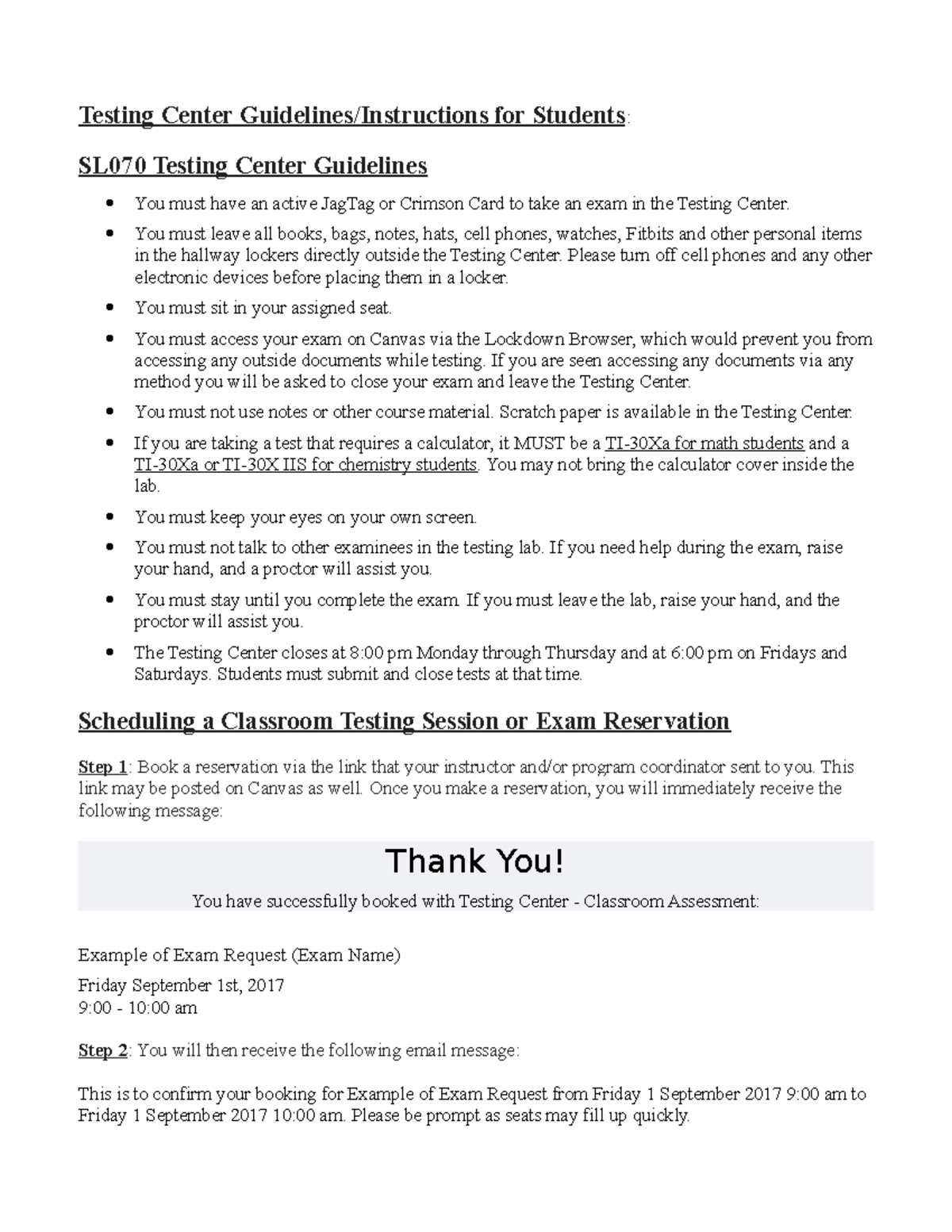 Instructions For Students To Use Testing Center Testing Center