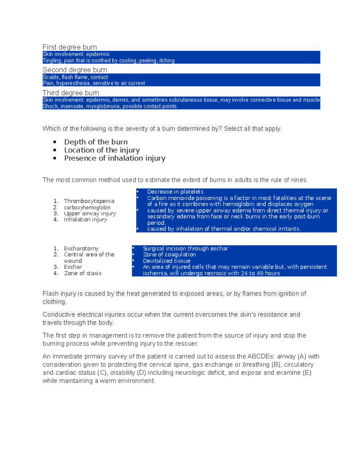 Mod 10 - Notes - First degree burn Skin involvement: epidermis Tingling ...