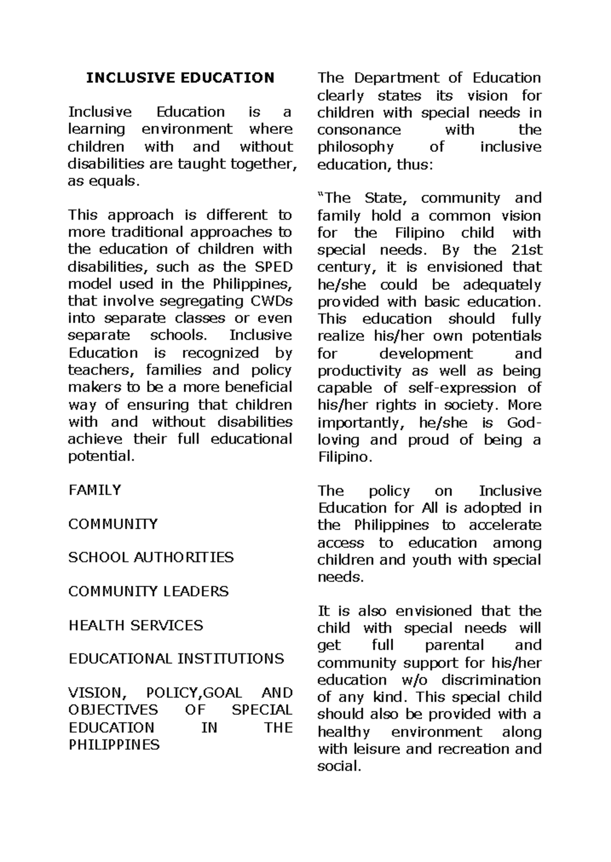 Inclusive Education Notes - INCLUSIVE EDUCATION Inclusive Education is ...