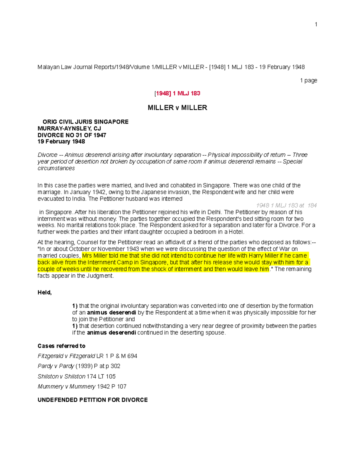 Miller v Miller [1948] 1 MLJ 183 1 Malayan Law Journal Reports/1948