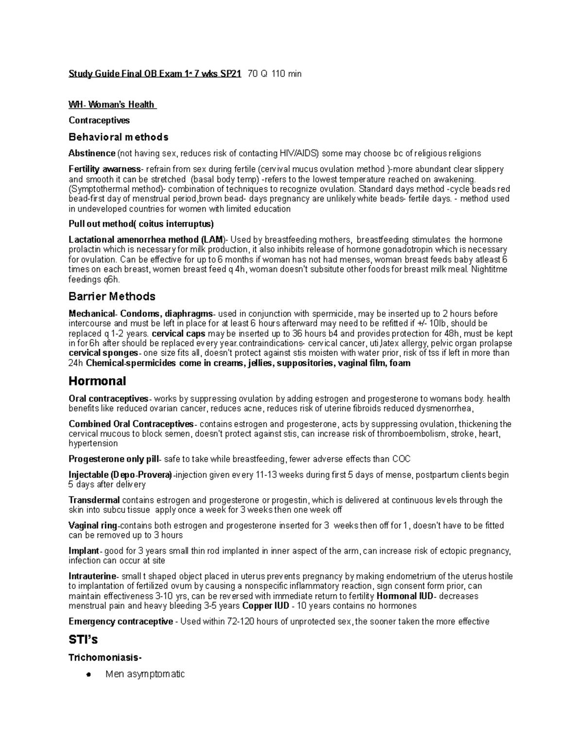 Ob final study guide - Study Guide Final OB Exam 1 st 7 wks SP21 70 Q ...