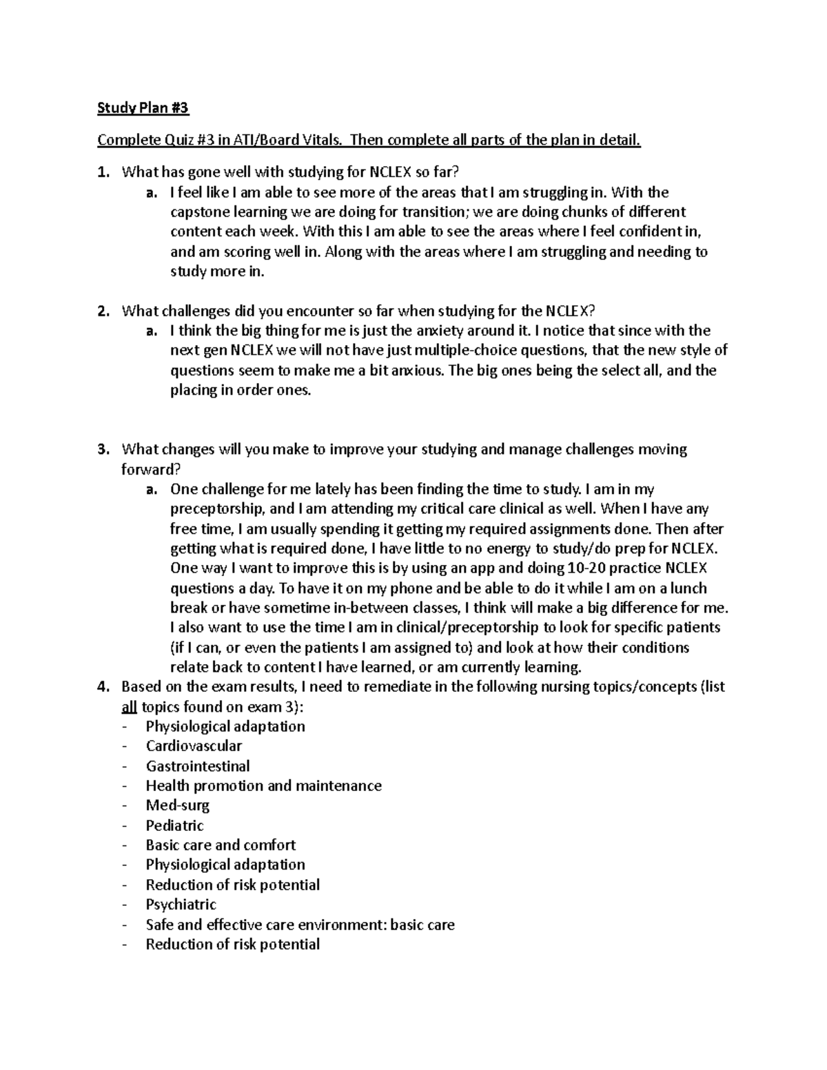 Study plan 3 - Capstone 2 - Study Plan # Complete Quiz #3 in ATI/Board ...