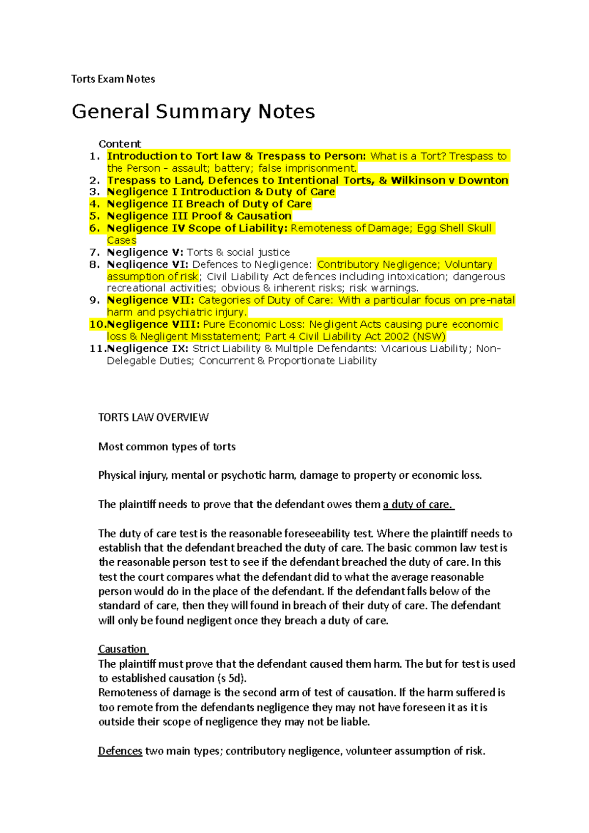 Torts Exam Notes - Torts Exam Notes General Summary Notes Content ...