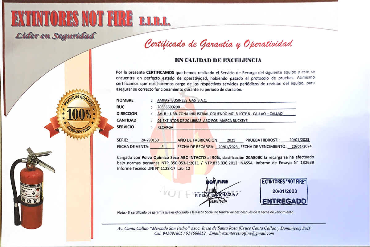 Certificado De Operatividad De Extintores Peru