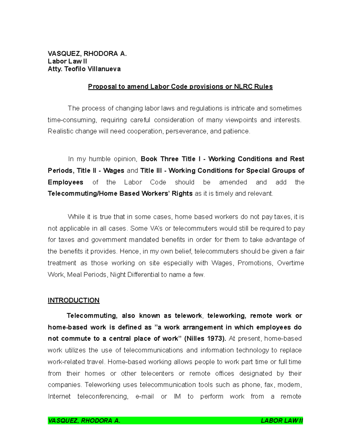 Vasquez Amendments TO THE Labor CODE - VASQUEZ, RHODORA A. Labor Law II ...