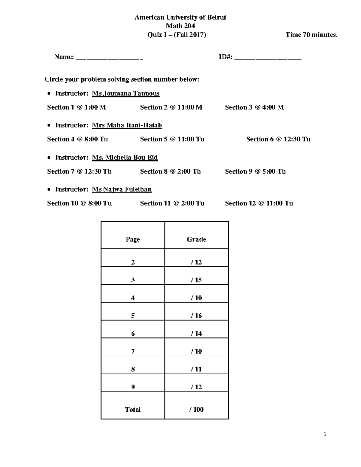Math 204 Fall 2017 Quiz 1 version 1 - Mathematics for Business - AUB ...