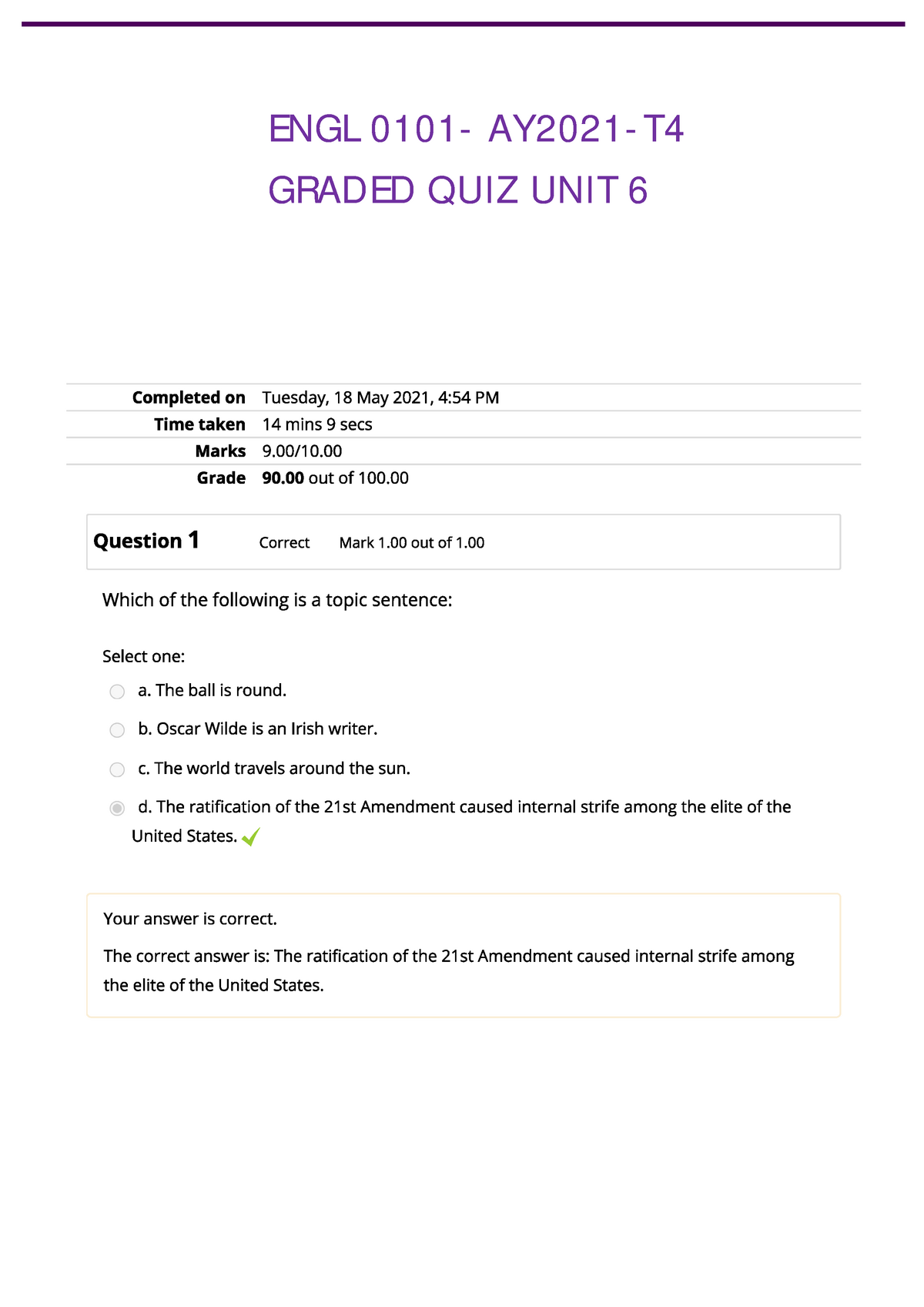 Graded Quiz FOR UNIT 6 - ENGL0101 - UoPeople - Studocu