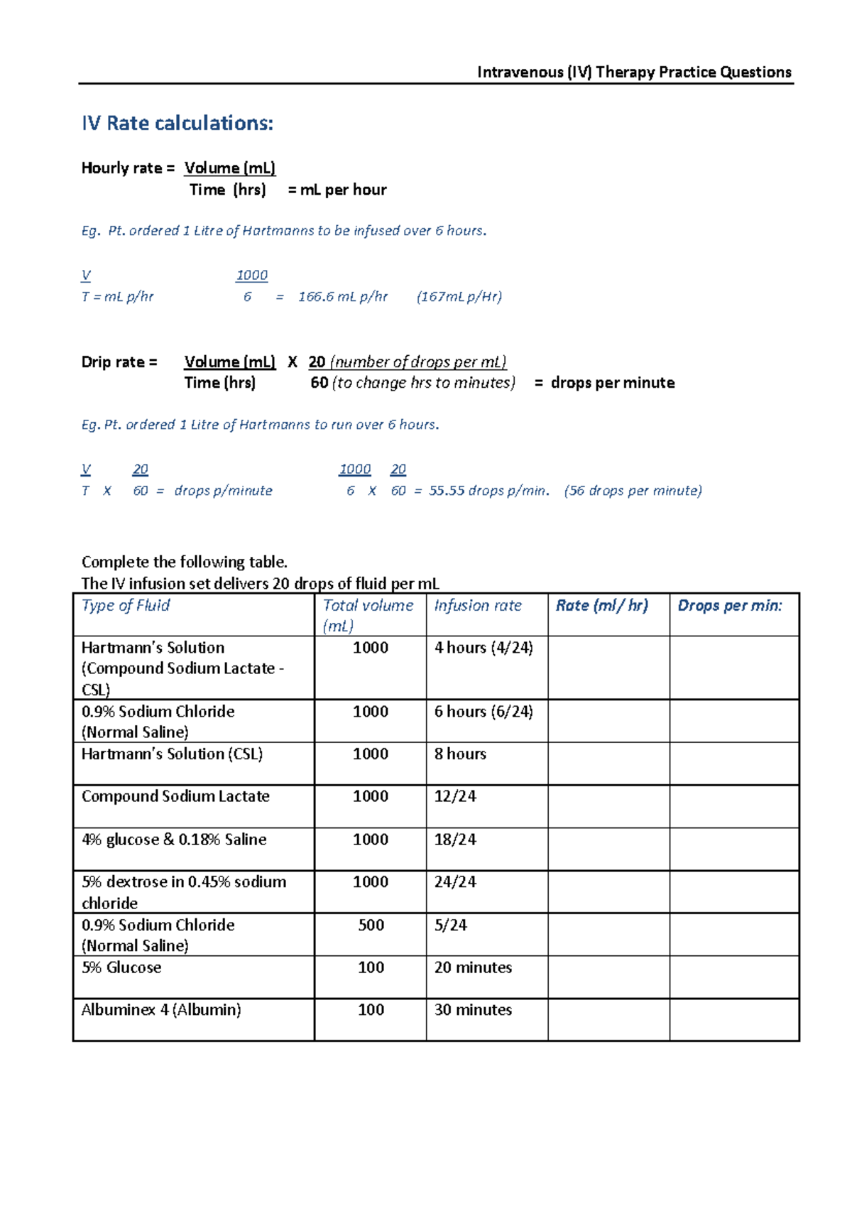 HNN122 IV fluid calculation practice sheet StuDocu