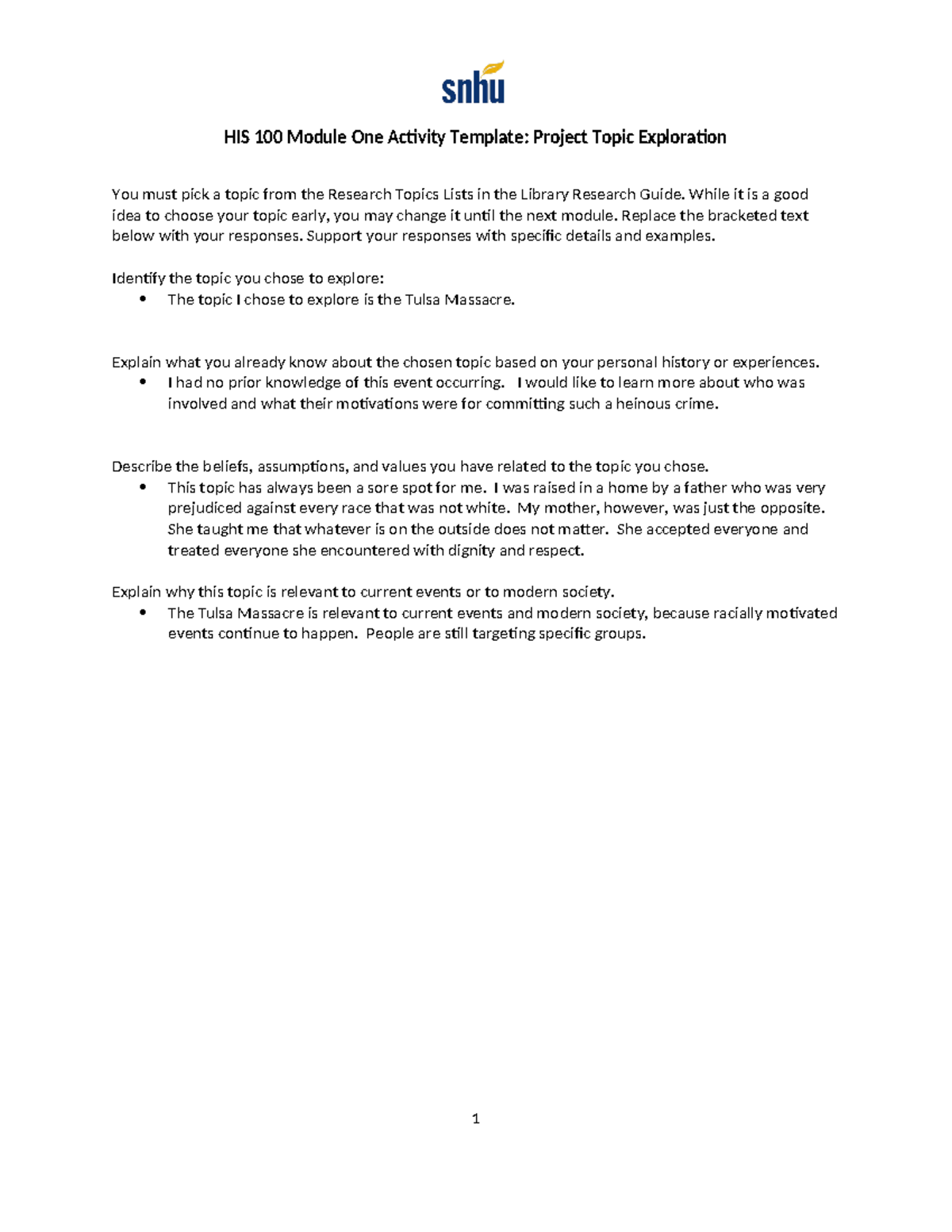 Module 1 Project Topic - HIS 100 Module One Activity Template: Project ...